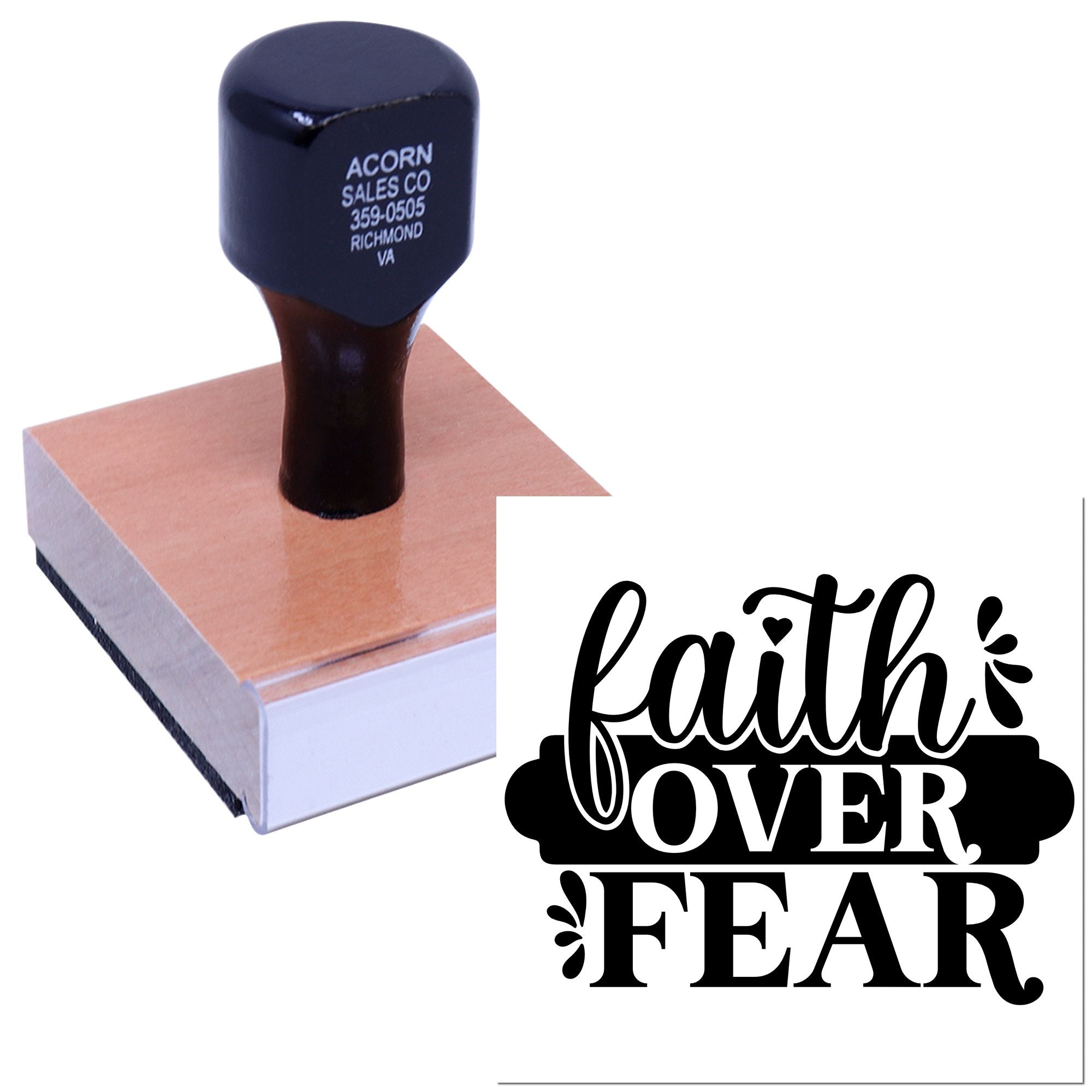 Custom Faith Over Fear rubber stamp with inspirational script design for Bible journaling, crafts, cards, and packaging.