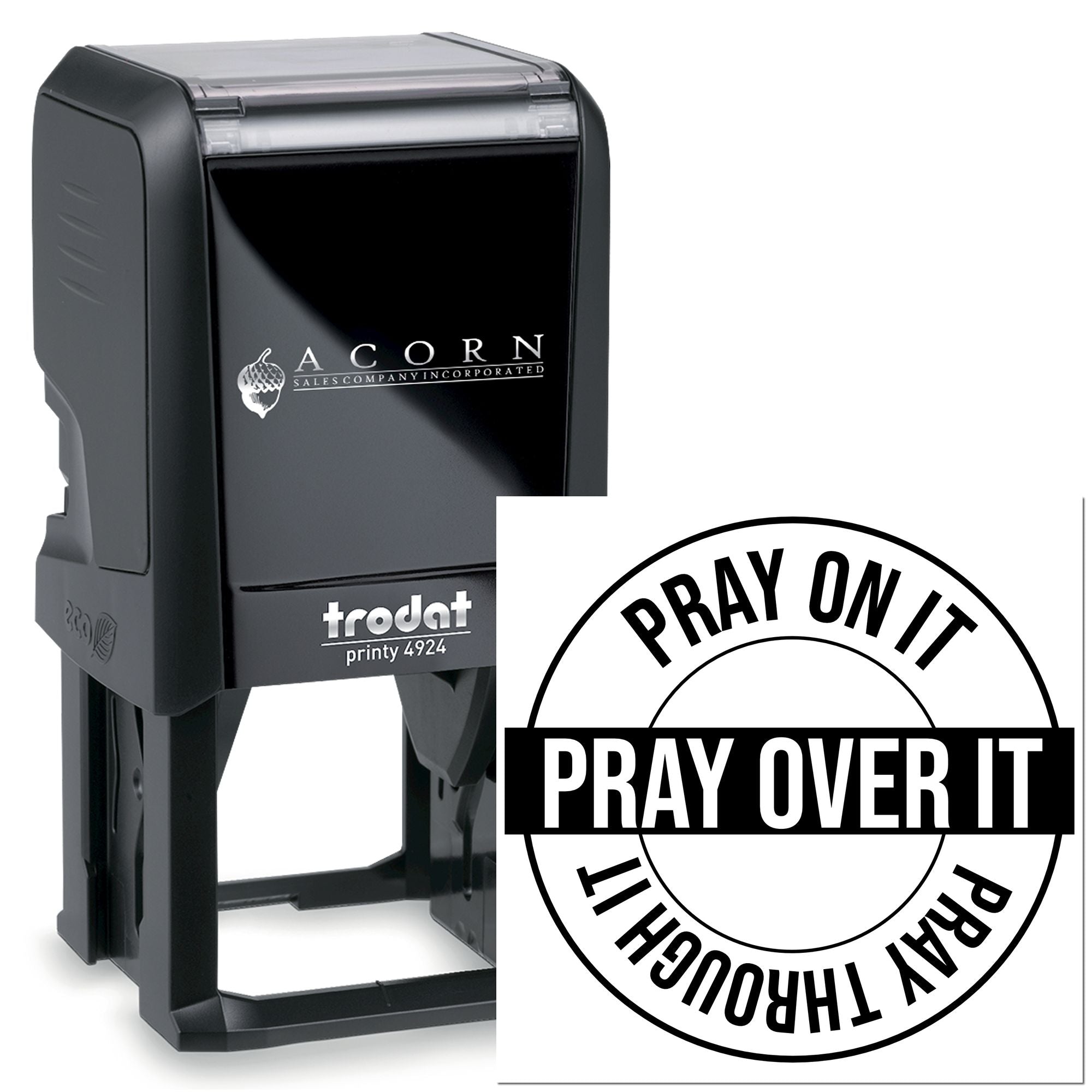 Self-inking Trodat rubber stamp with custom Pray Over It design for faith-based business or church use.