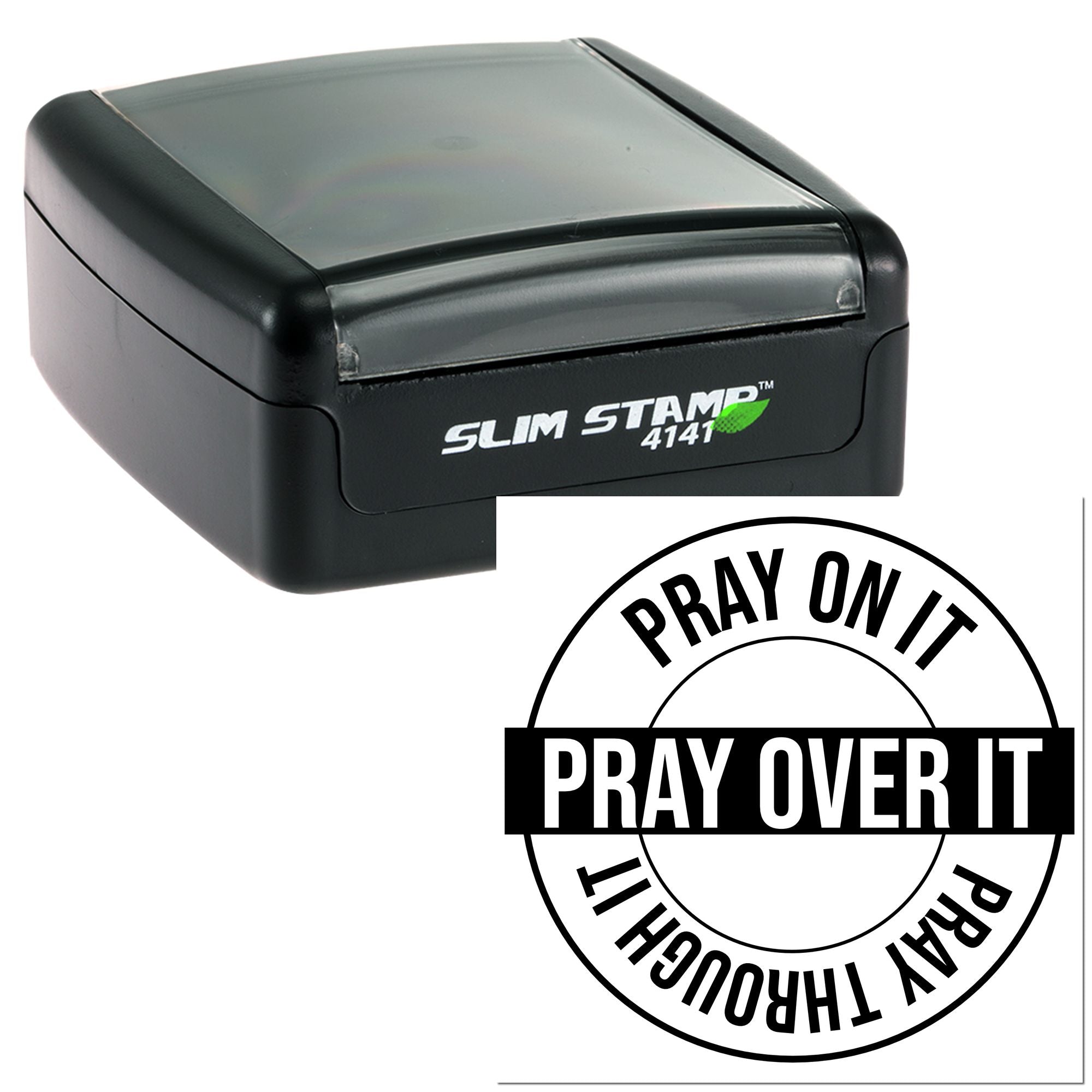 Self-inking rubber stamp with circular Christian message imprint: Pray Over It, Pray On It, Pray Through It.