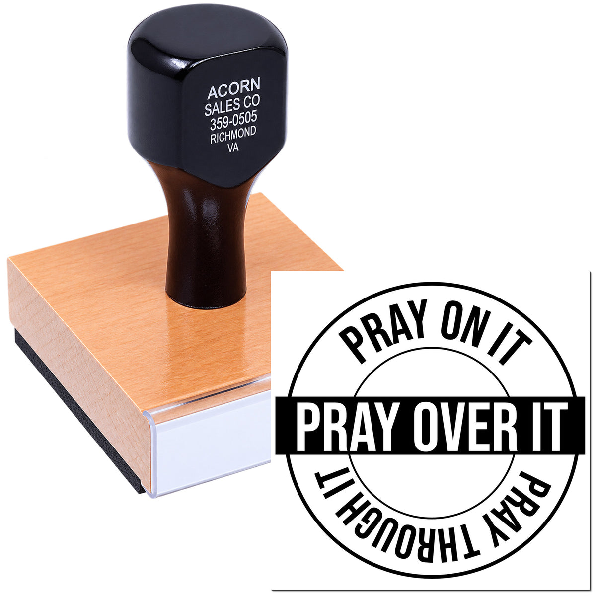Custom faith-based rubber stamp with "Pray on It" logo, ideal for religious branding and inspirational messages.