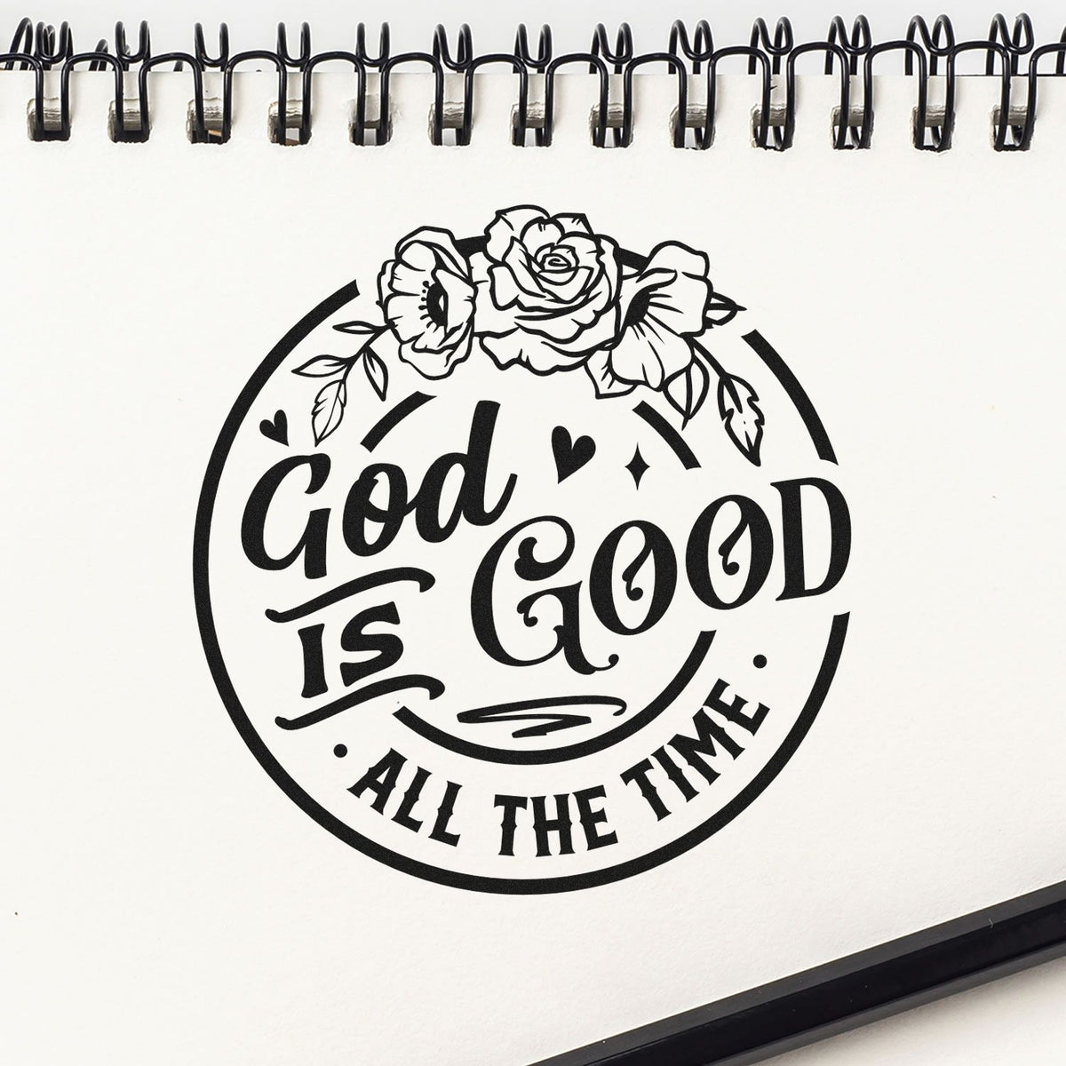 Floral God Is Good All the Time rubber stamp design for faith-based crafts and custom religious stationery.