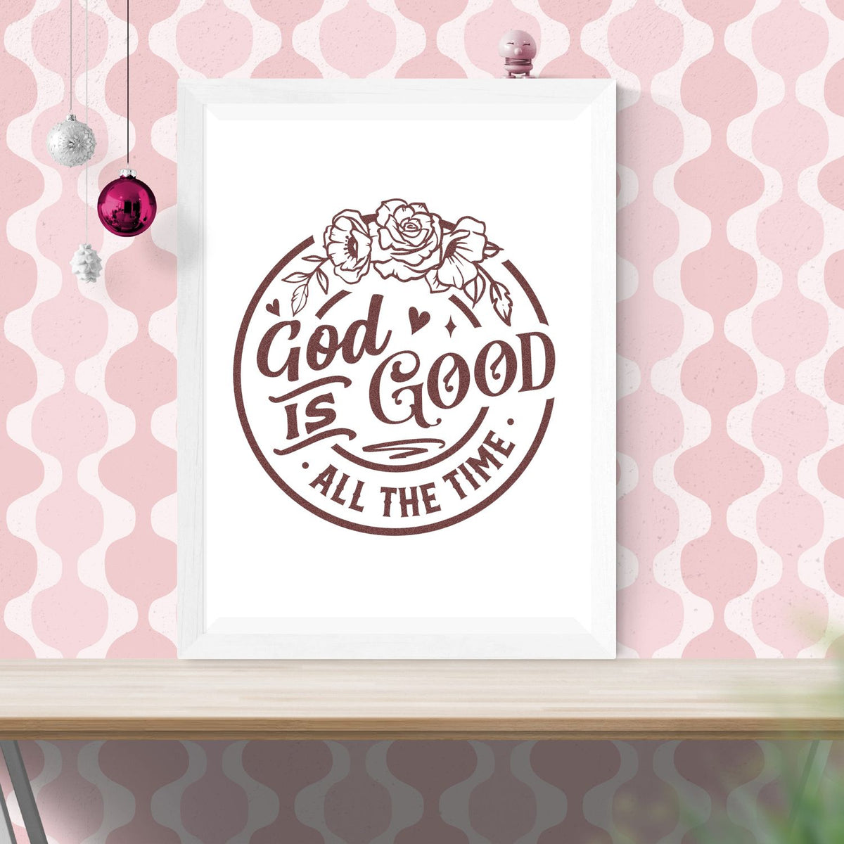 God Is Good Floral Badge rubber stamp shown in brown ink, stamped for projects such as potluck labels.