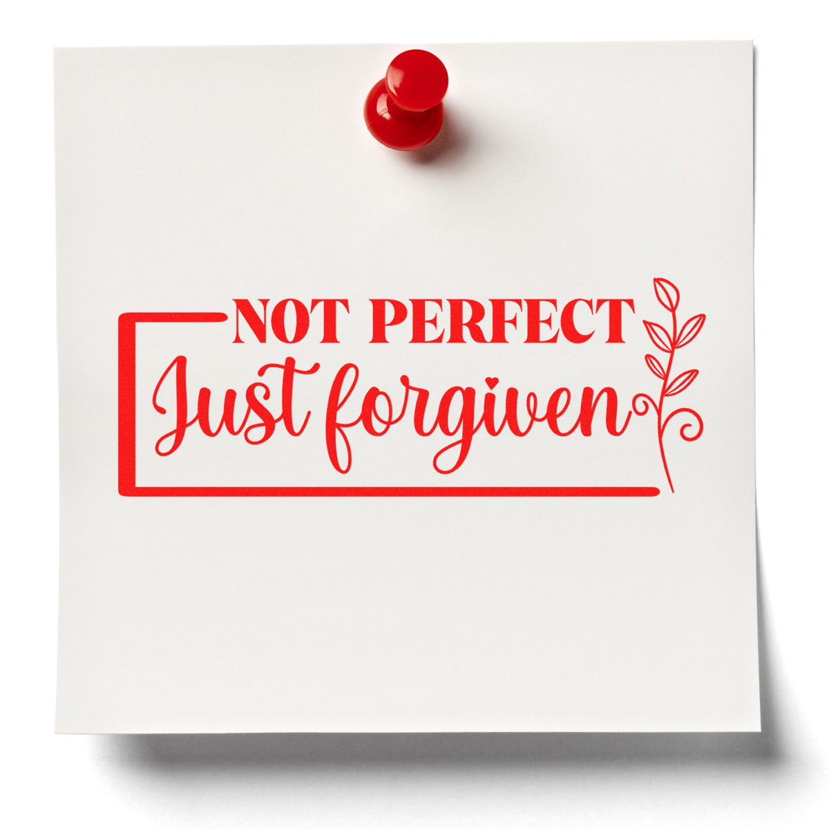 Red rubber stamp design reading Not Perfect Just Forgiven for faith-based encouragement and Christian crafts.