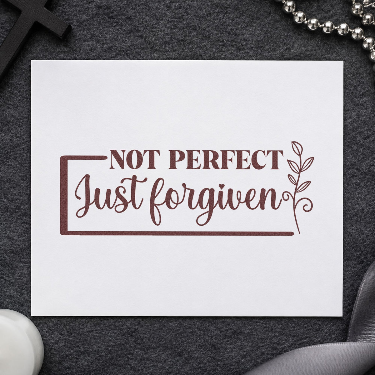 Not Perfect Forgiven Leaf Frame rubber stamp printed in brown ink, ready for candid pages and similar paper crafts.
