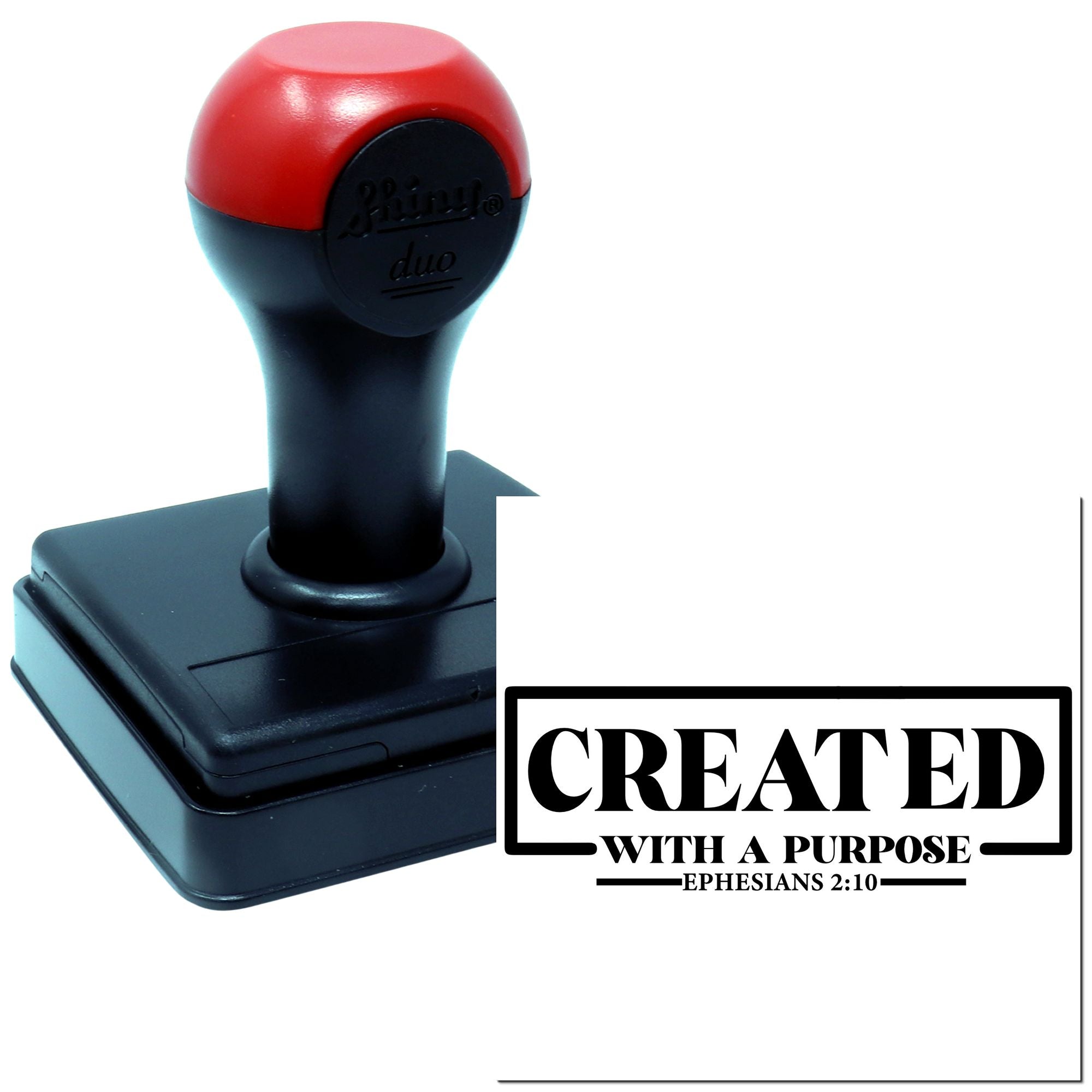 Custom self-inking rubber stamp with Created with a Purpose Ephesians 2:10 design for Christian crafts and packaging.