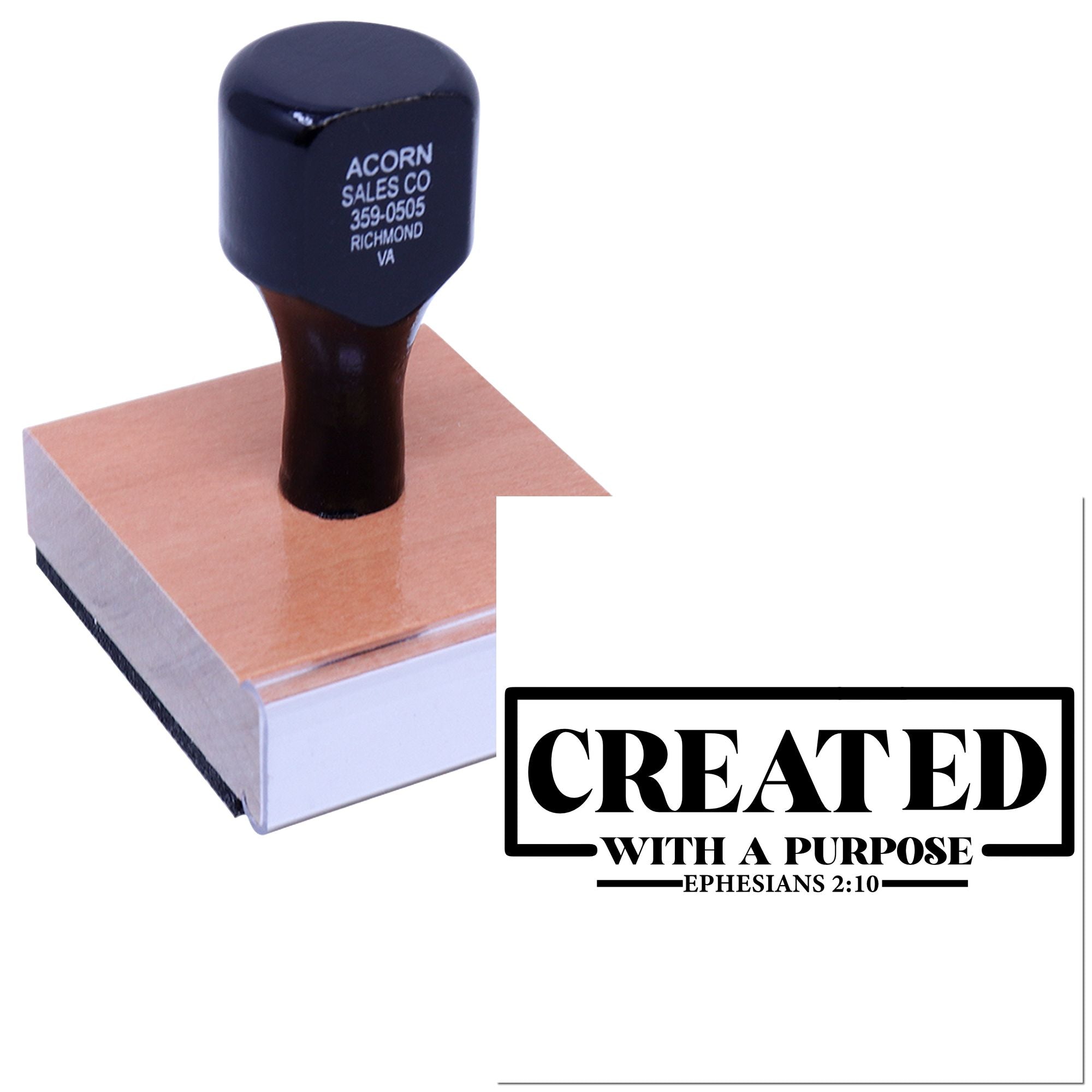 Custom rubber stamp with Created with a Purpose Ephesians 2:10 design for Christian crafts, branding, and handmade projects.