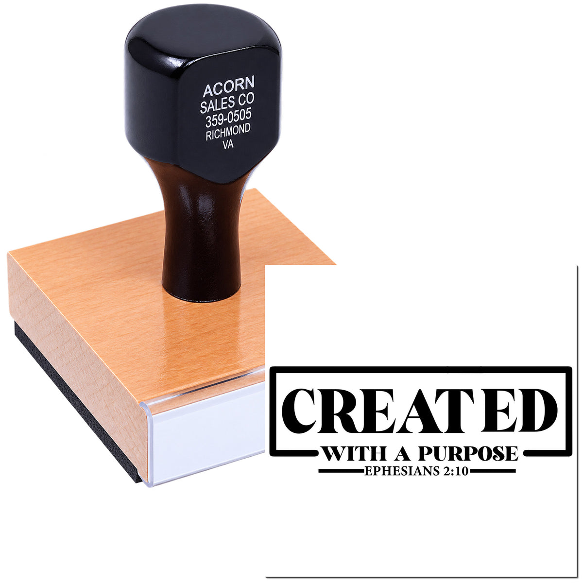 Custom rubber stamp with Created with a Purpose Ephesians 2:10 design for Christian crafts, branding, and handmade projects.