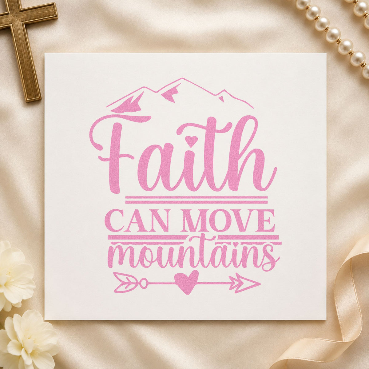 Faith Moves Mountains Heart Arrow craft stamp in purple ink on cardstock, an easy option for couples hiking gifts.