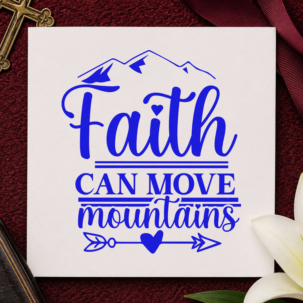 Faith Moves Mountains Heart Arrow craft stamp imprinted in blue ink on paper, a design suited to engagement hike favors.