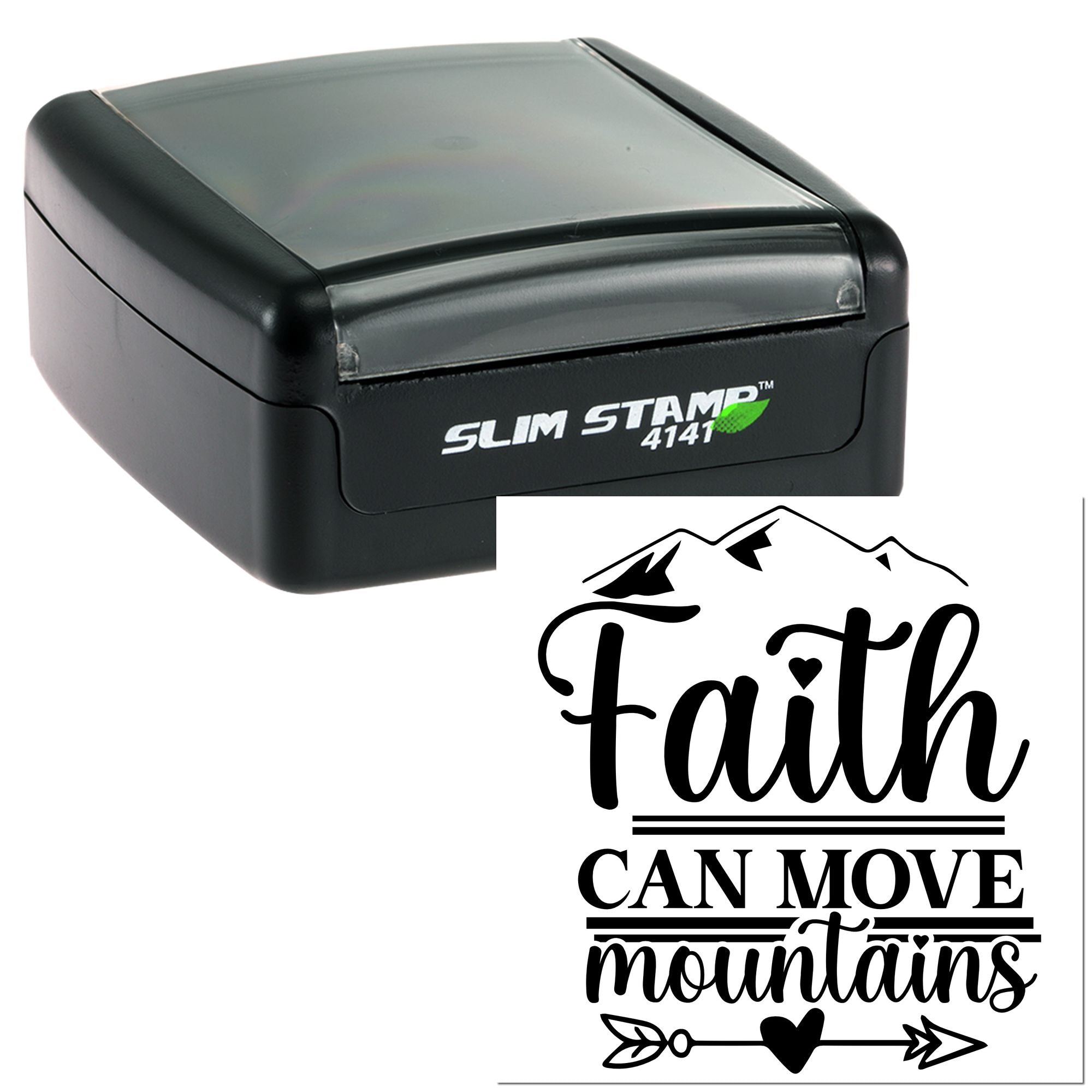 Self-inking rubber stamp with Faith Can Move Mountains design, ideal for inspirational crafts, journals, and church use.