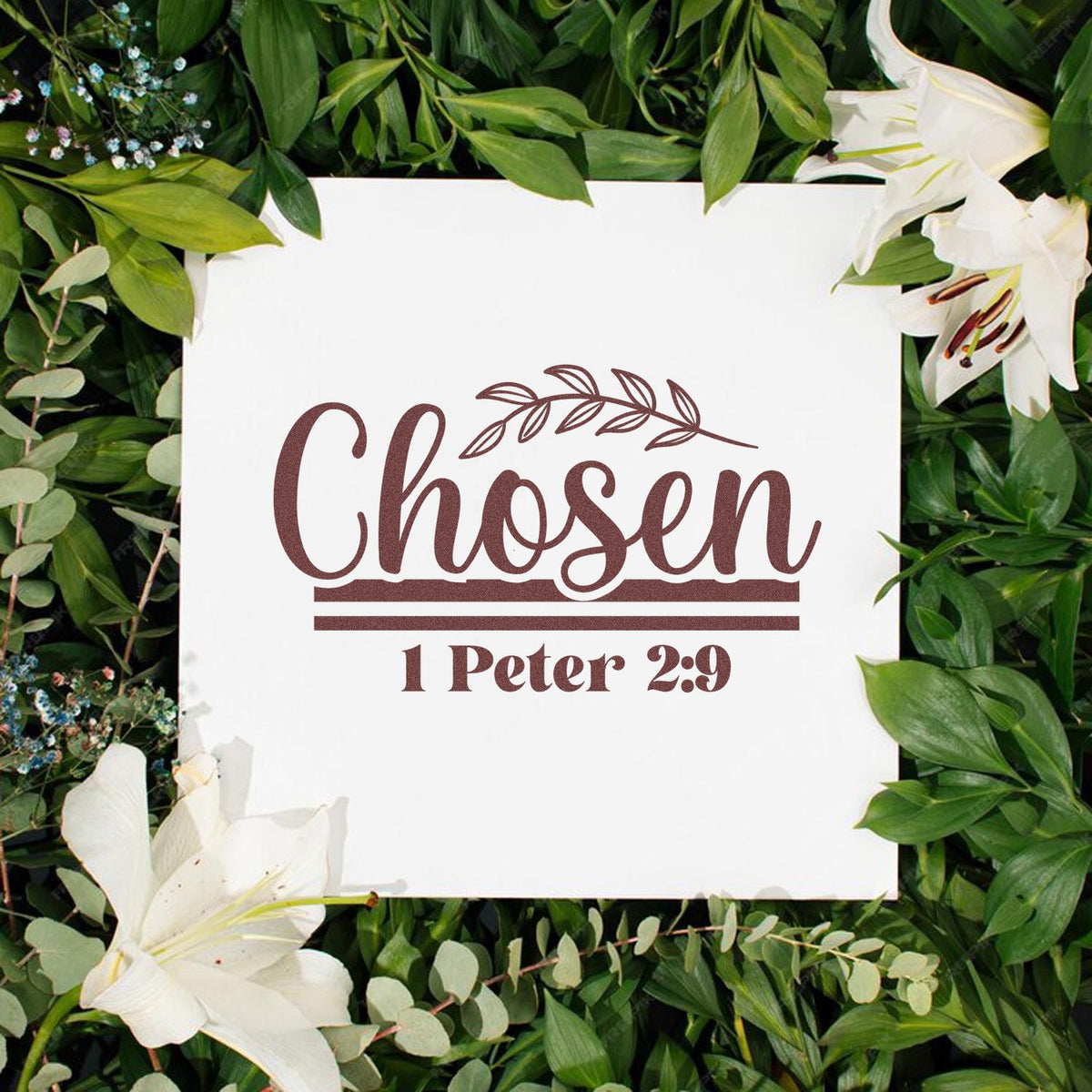 Chosen Leaf Script rubber stamp shown in brown ink, stamped for projects such as adoption day gifts.