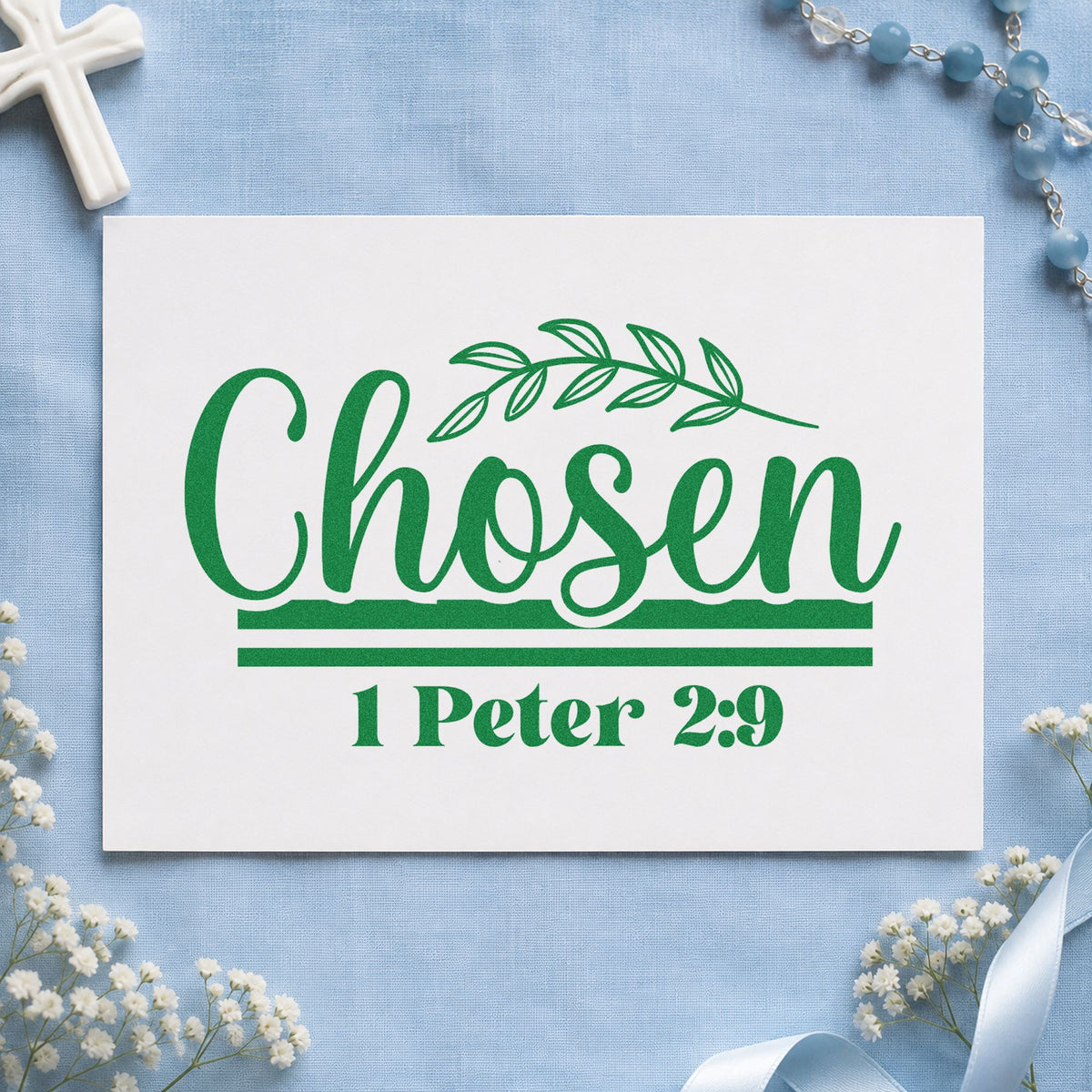 Chosen Leaf Script craft stamp imprint in green ink on a handmade project, one idea being framed nursery art.