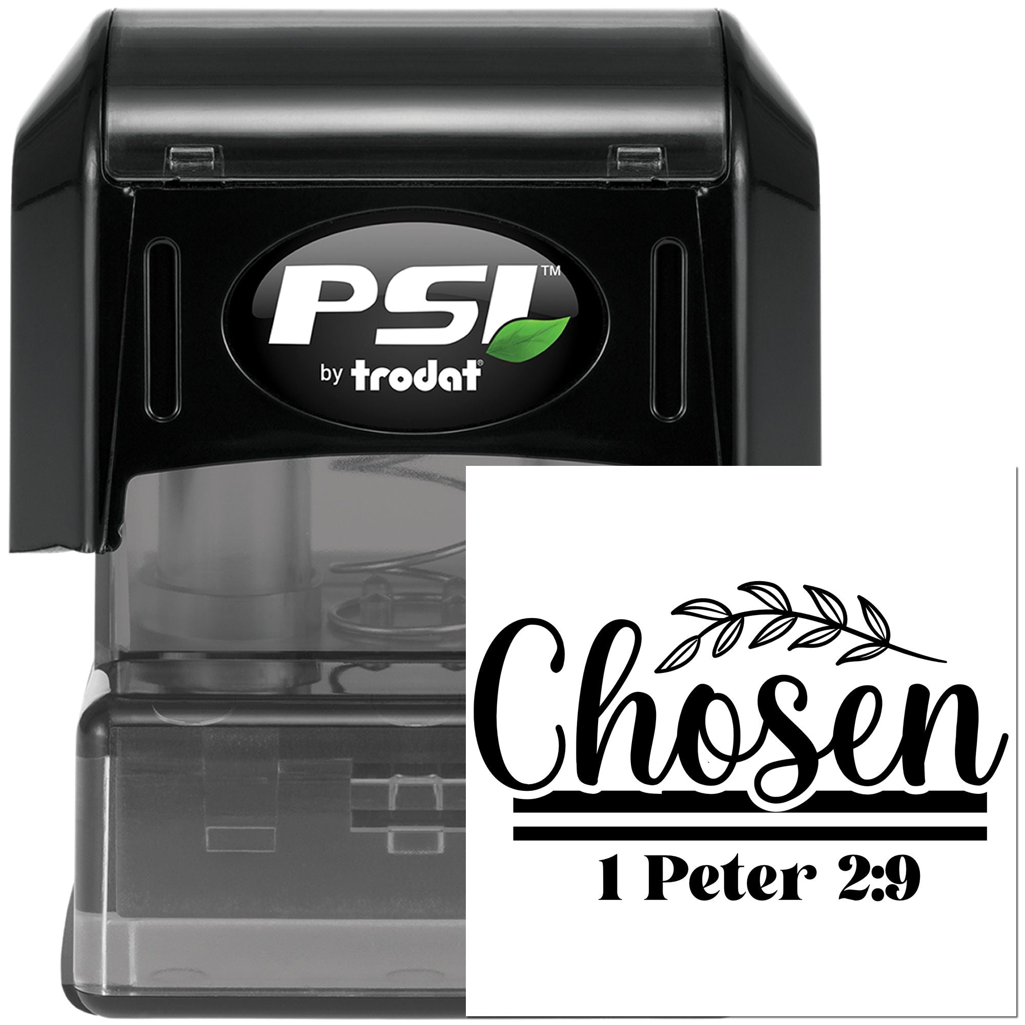 Custom Christian self-inking rubber stamp with Chosen and 1 Peter 2:9 by Trodat.