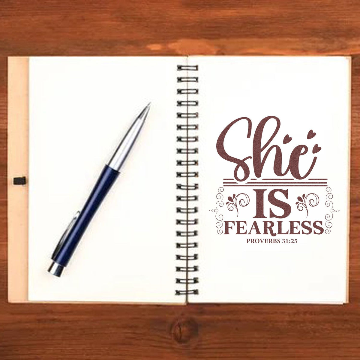 Christian rubber stamp design reading She Is Fearless with Proverbs 31:25 for Bible journaling and faith crafts.