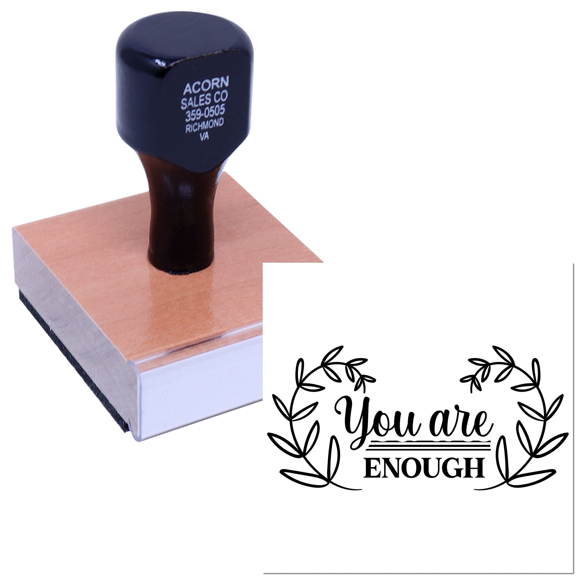 Custom rubber stamp with You Are Enough leaf wreath design for handmade cards, journaling and packaging.