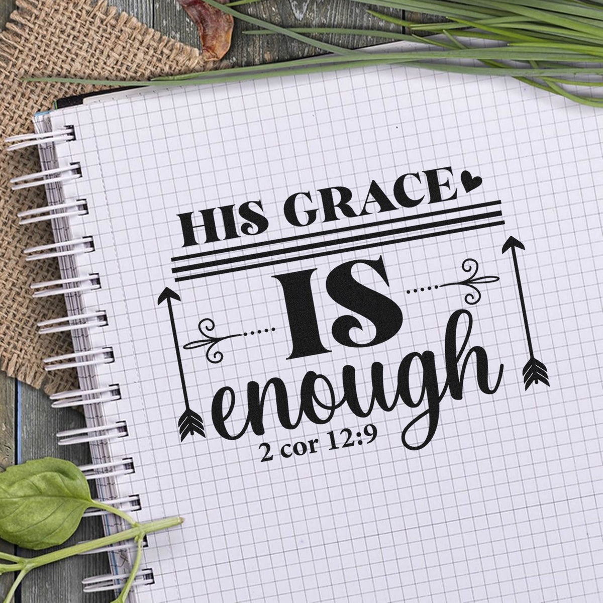 Christian rubber stamp design reading His Grace Is Enough with 2 Corinthians 12:9 for Bible journaling and faith crafts.