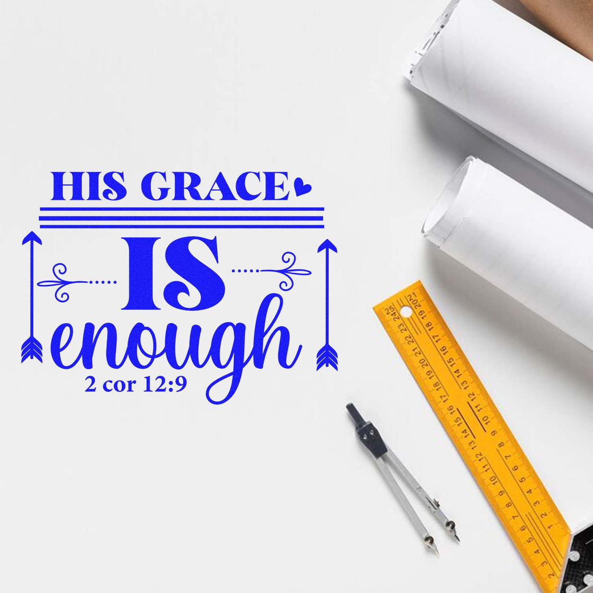 Custom rubber stamp design with Bible verse, His grace is enough from 2 Corinthians 12:9.