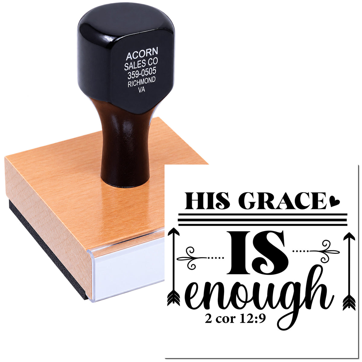 Inspirational custom rubber stamp with His Grace Is Enough and 2 Corinthians 12:9 Bible verse design.