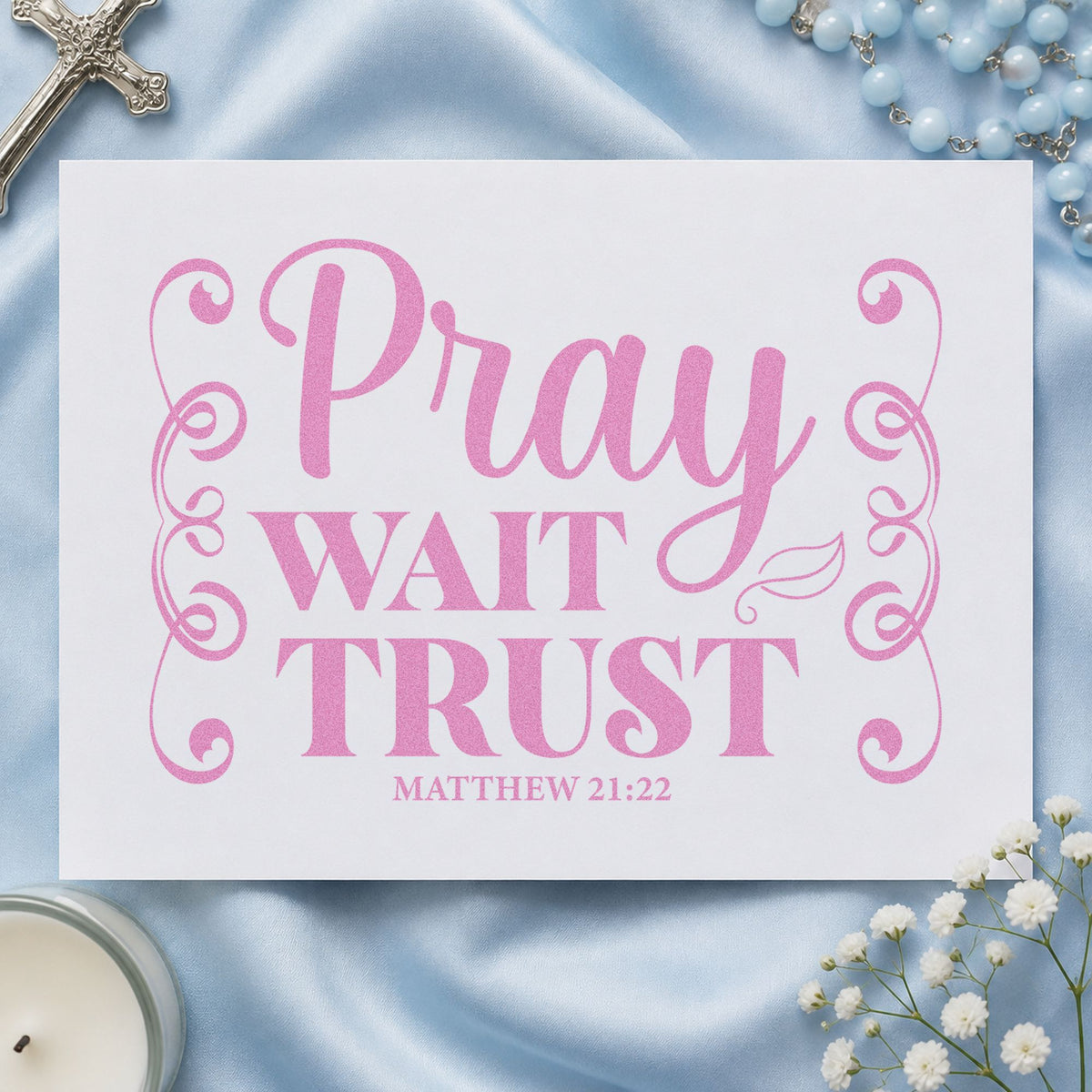 Pray Wait Trust Scrolls craft stamp in purple ink on cardstock, an easy option for job search gifts.