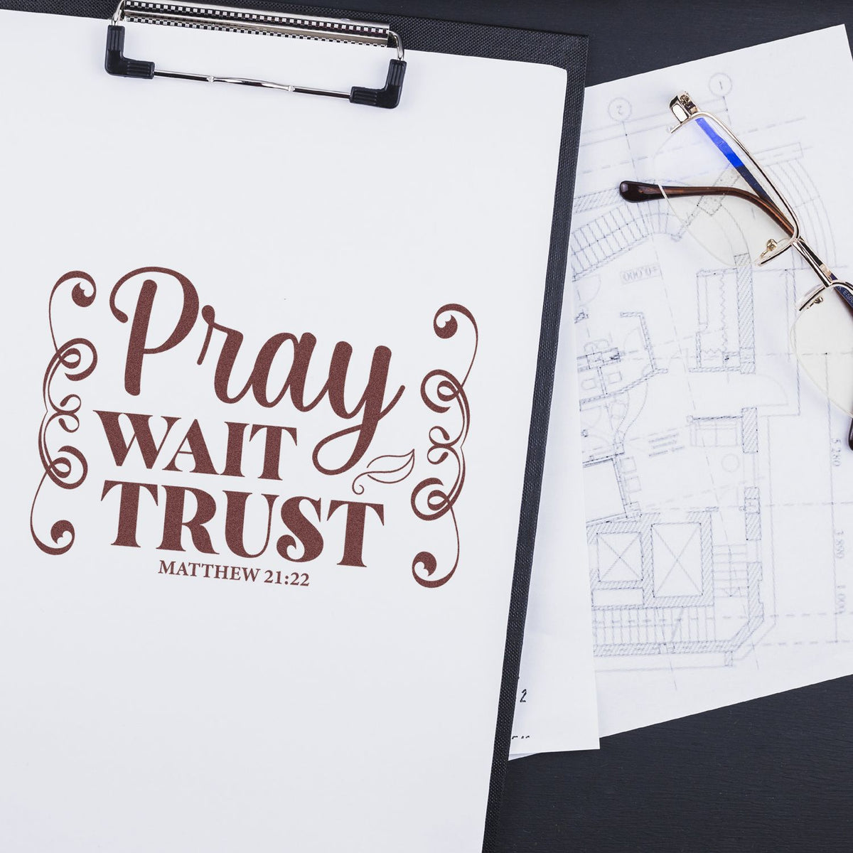 Christian rubber stamp design with Pray, Wait, Trust and Matthew 21:22, perfect for faith-based stationery and planners.