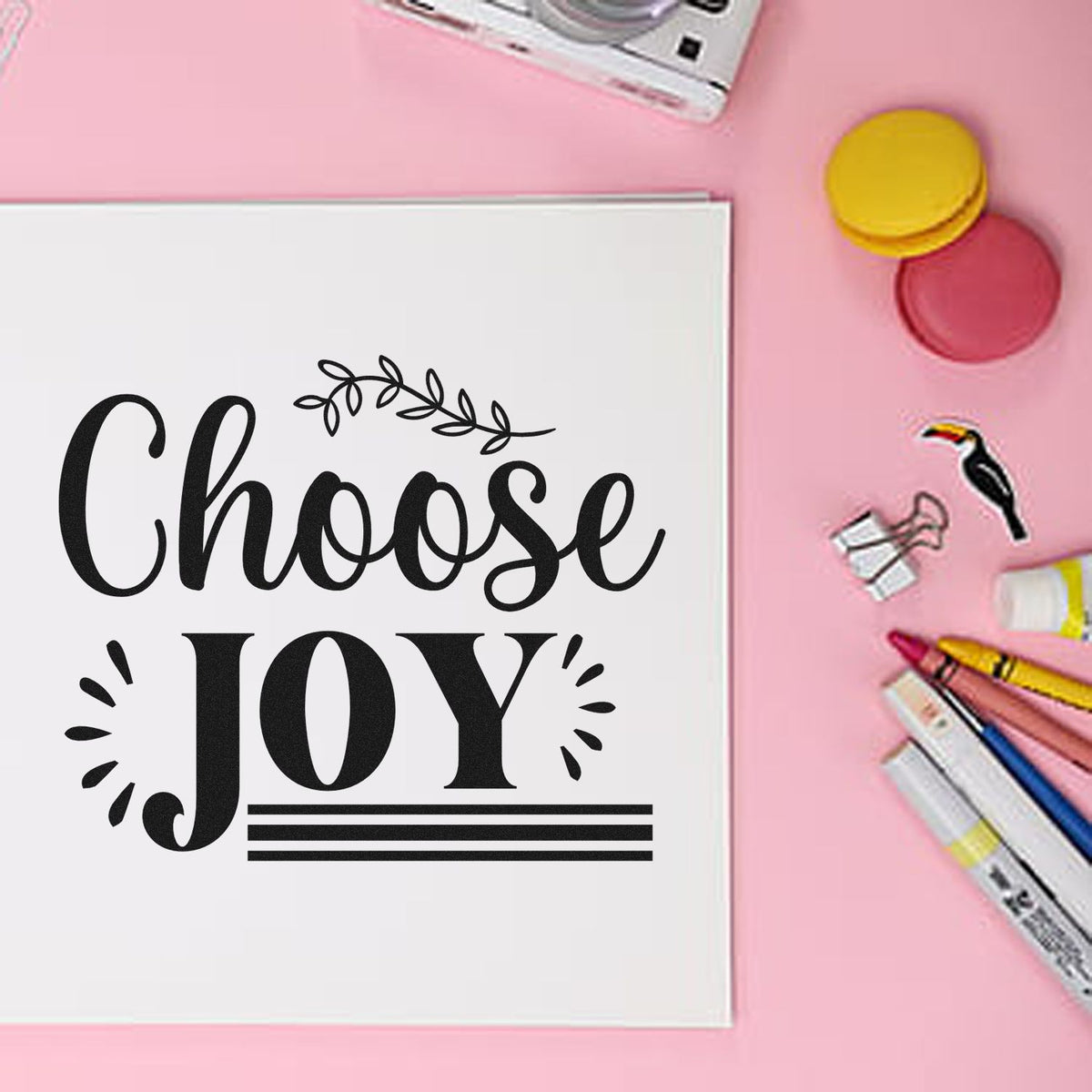 Choose Joy rubber stamp design on white paper with craft markers and ink pads for DIY card making and scrapbooking.