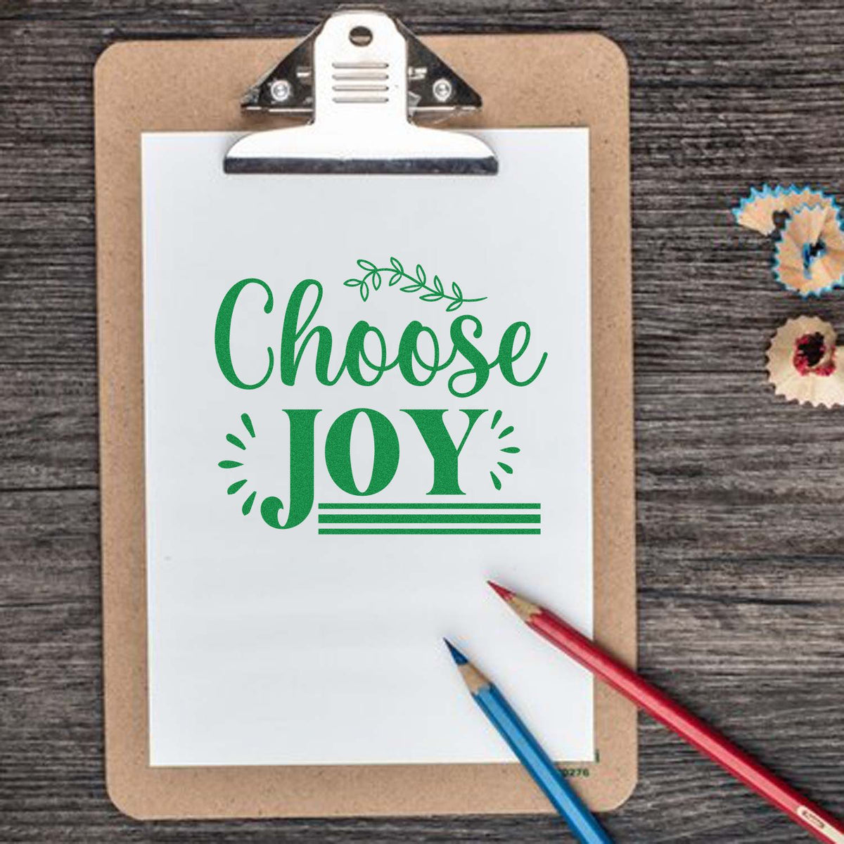 Choose Joy rubber stamp design on clipboard with green lettering, perfect for handmade cards, journaling, and crafts.