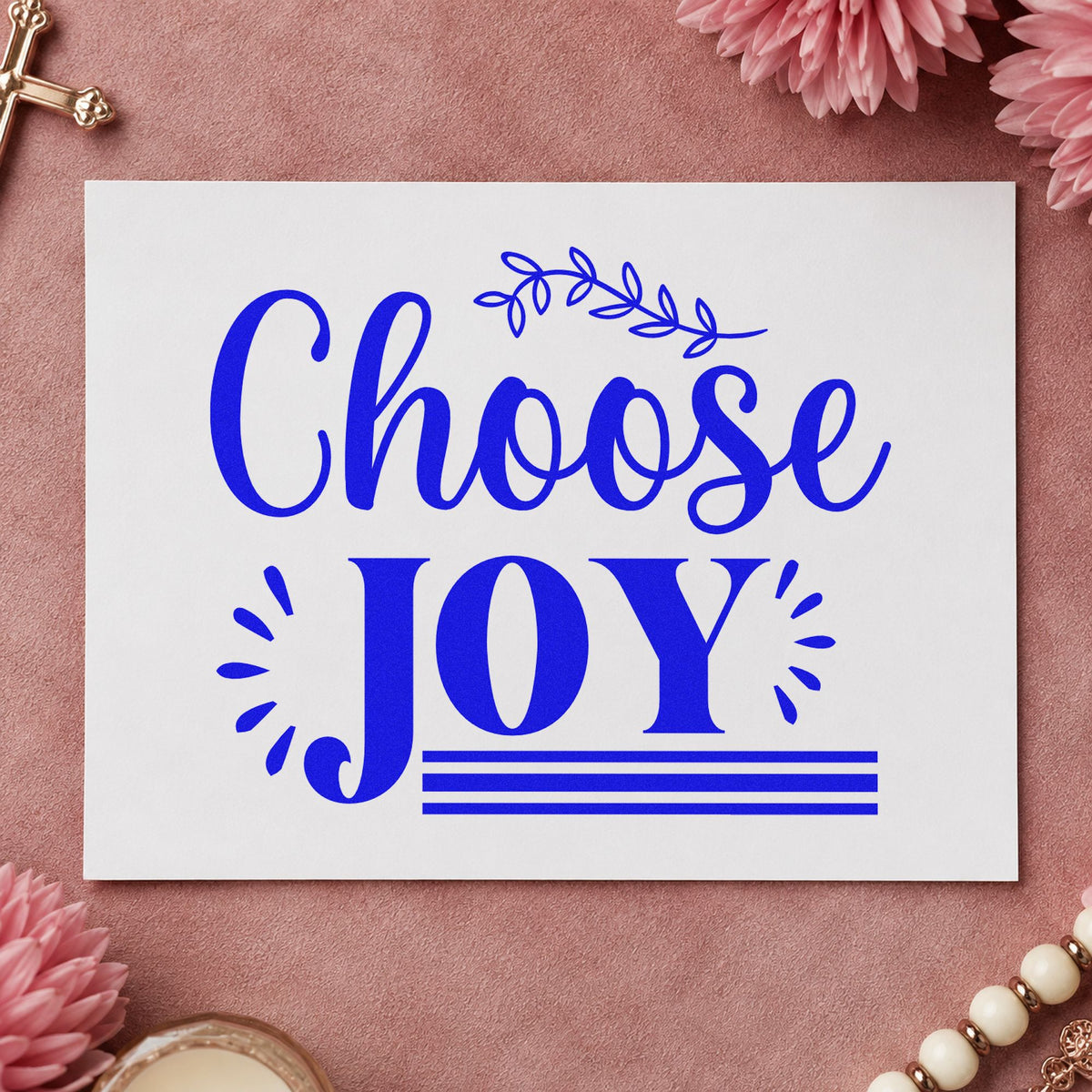 Choose Joy craft stamp imprinted in blue ink on paper, a design suited to lemonade stand signs.