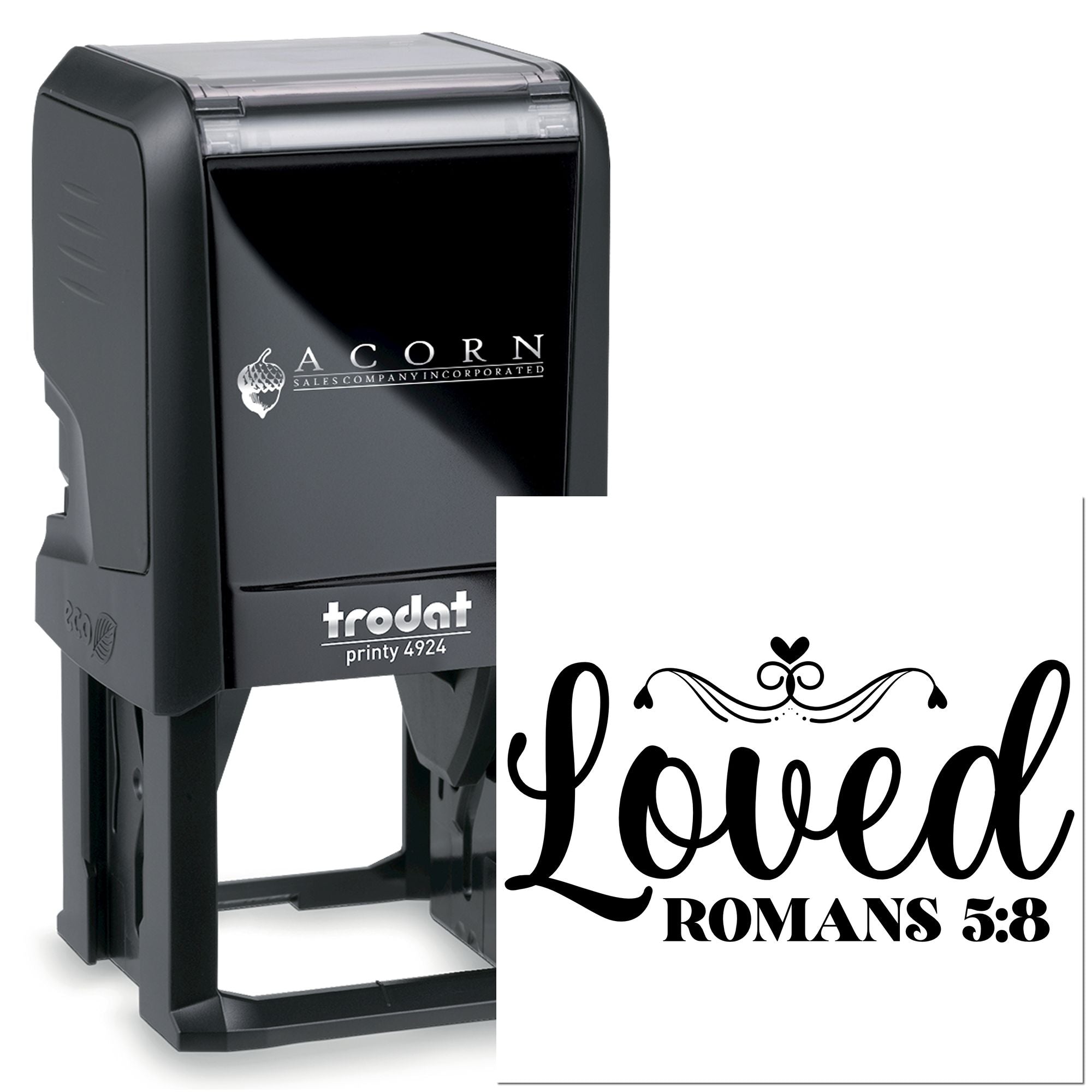 Custom self-inking Trodat Printy 4924 rubber stamp with Loved Romans 5:8 design for Bible verse cards and packaging.
