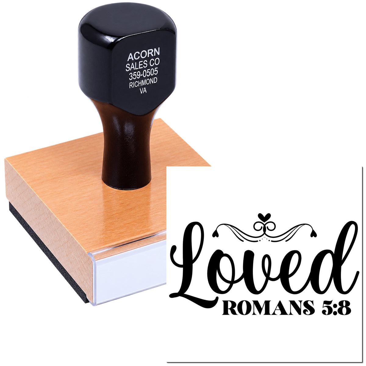 Custom rubber stamp with Loved Romans 5:8 design, ideal for faith-based crafts, Bible journaling, and church projects.