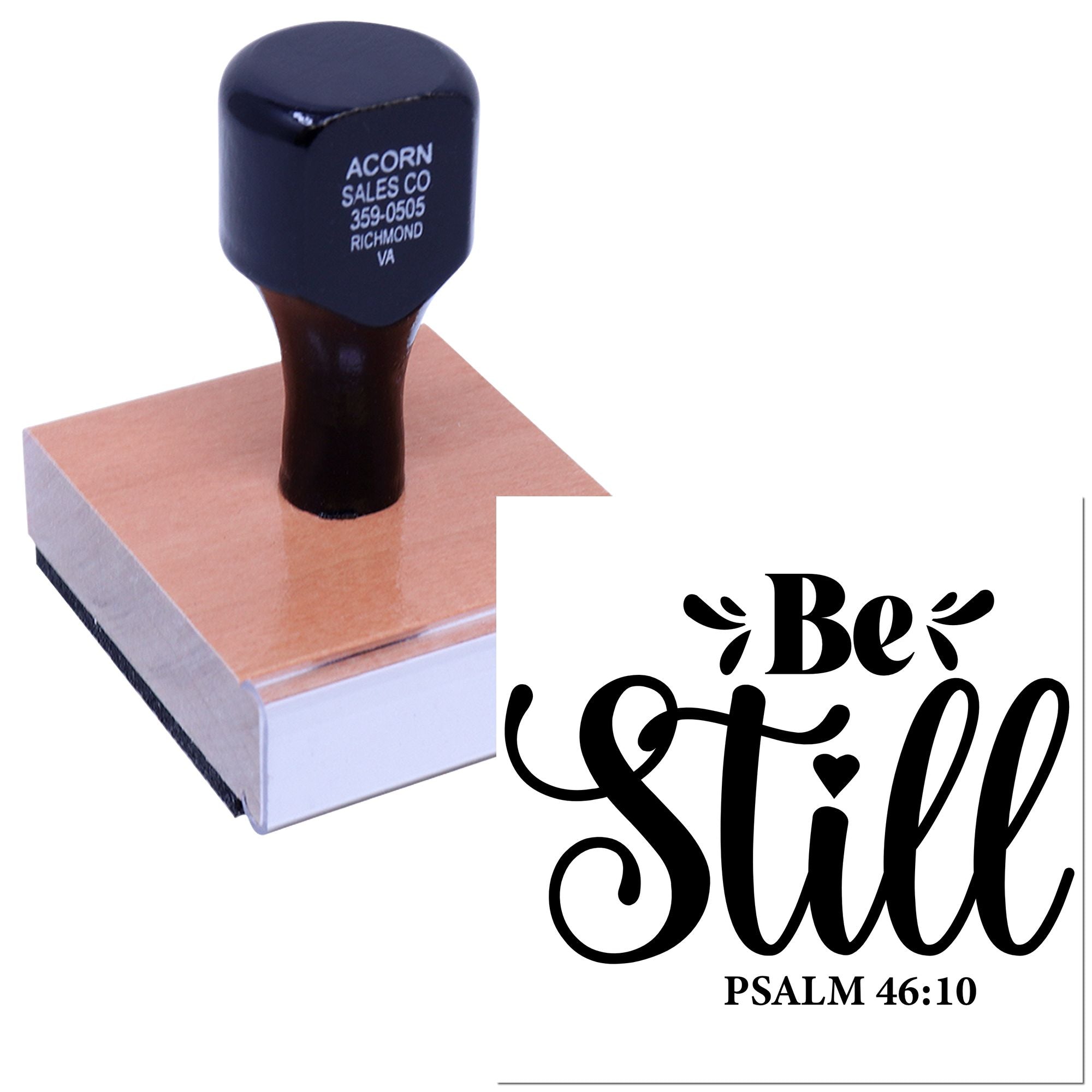 Custom rubber stamp with Be Still Psalm 46:10 design for Bible journaling, cards, and Christian crafts