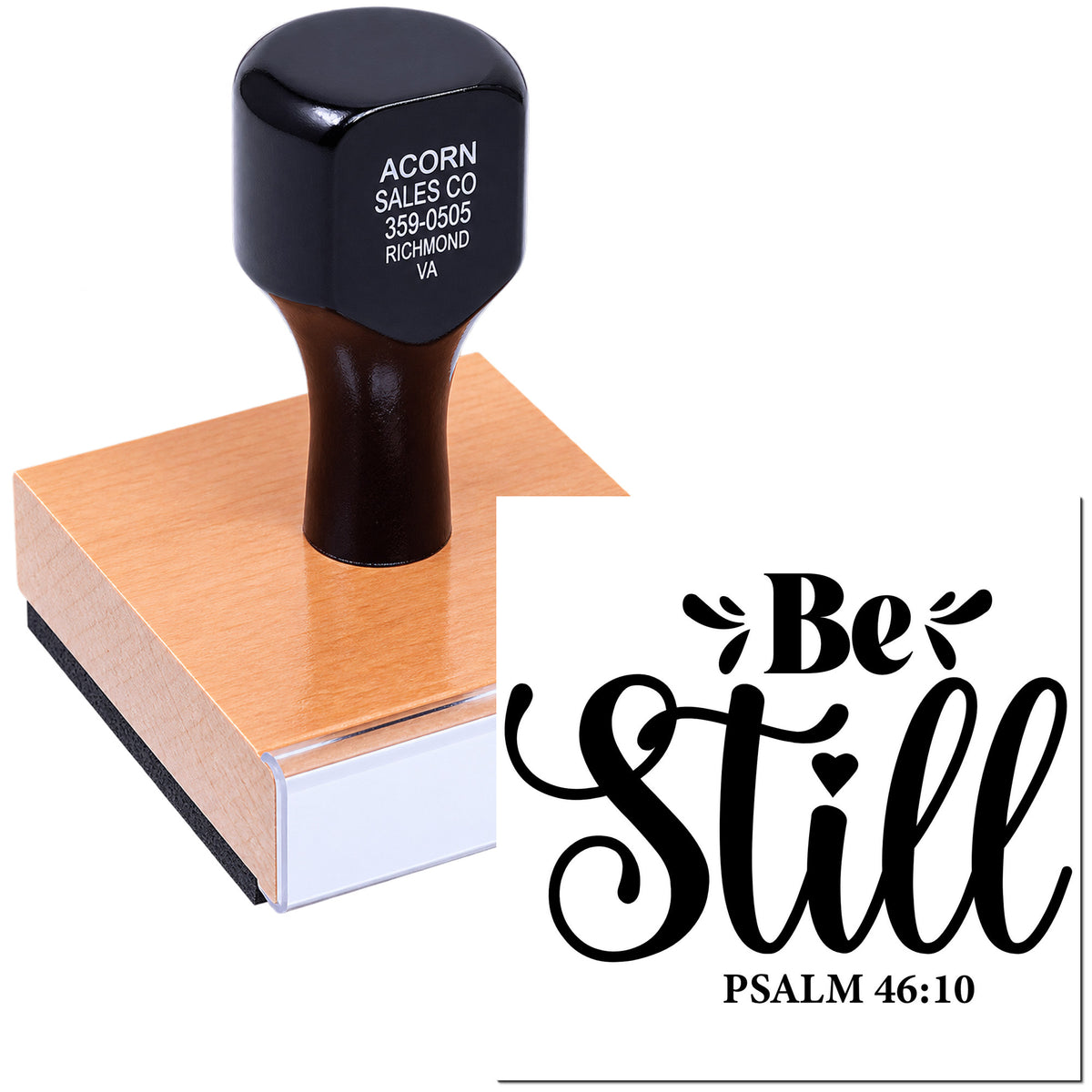 Custom rubber stamp with Be Still Psalm 46:10 design for Bible journaling, cards, and Christian crafts