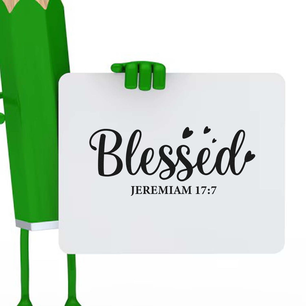 Blessed Jeremiah 17:7 rubber stamp design with green character holding a sign for faith-based crafts.
