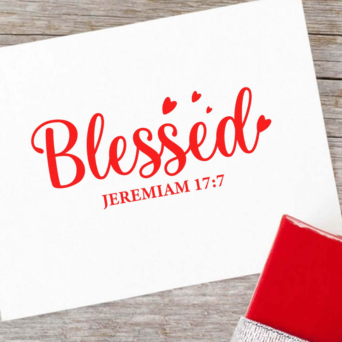 Red Blessed Jeremiah 17:7 Christian rubber stamp imprint on paper with matching red ink pad