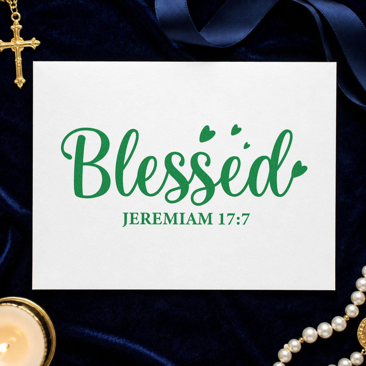 Blessed Jeremiah craft stamp imprint in green ink on a handmade project, one idea being donor thank-yous.