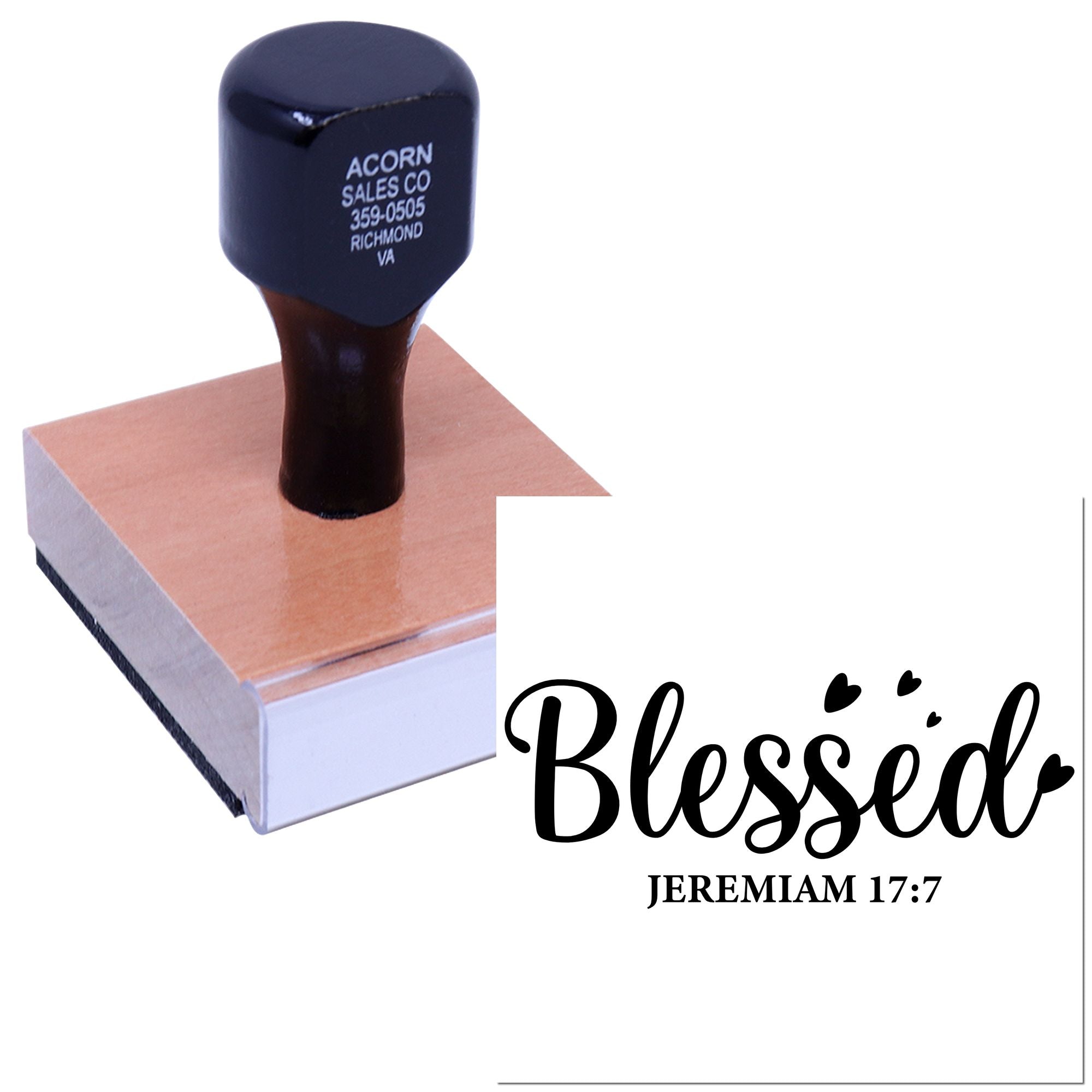 Custom rubber stamp with Blessed Jeremiah 17:7 design for Christian crafts, cards, and faith-based packaging.
