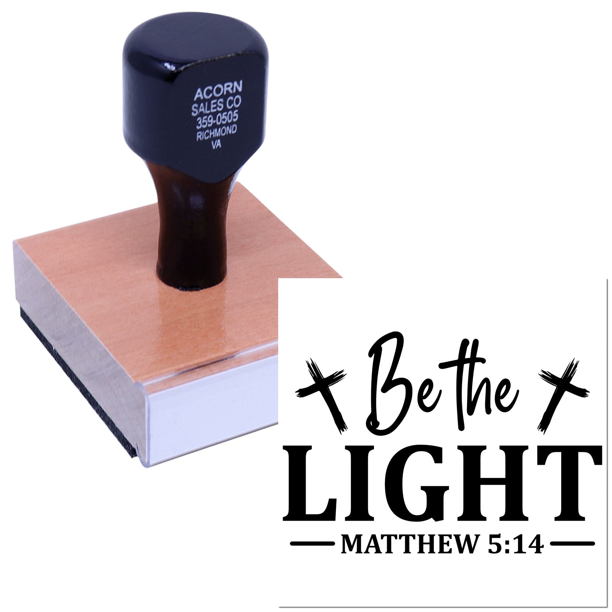 Custom rubber stamp with Be the Light Matthew 5:14 design for Christian branding, church outreach, and inspirational messaging.