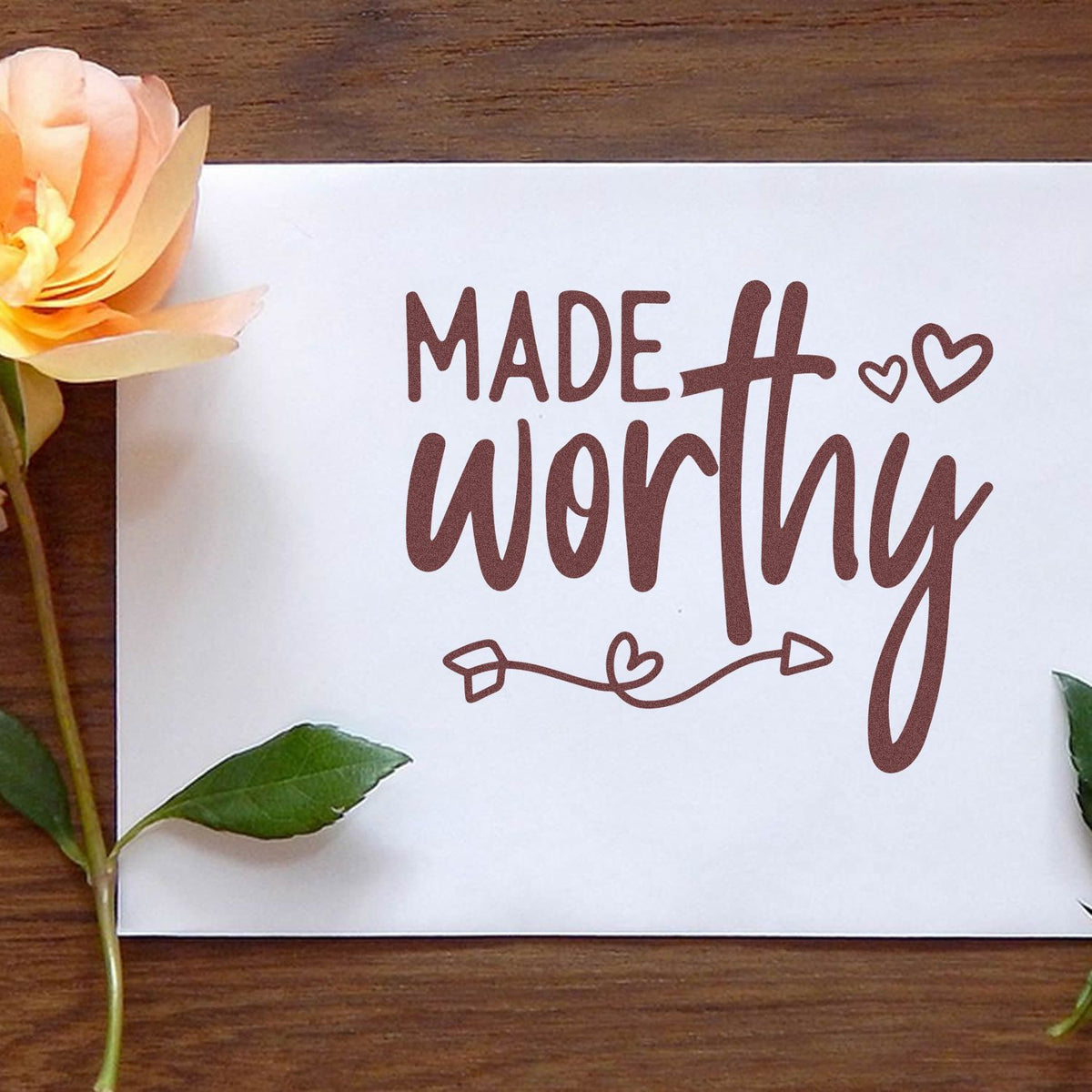 Made Worthy rubber stamp design with heart and arrow, perfect for handmade cards, faith crafts, and gift packaging.