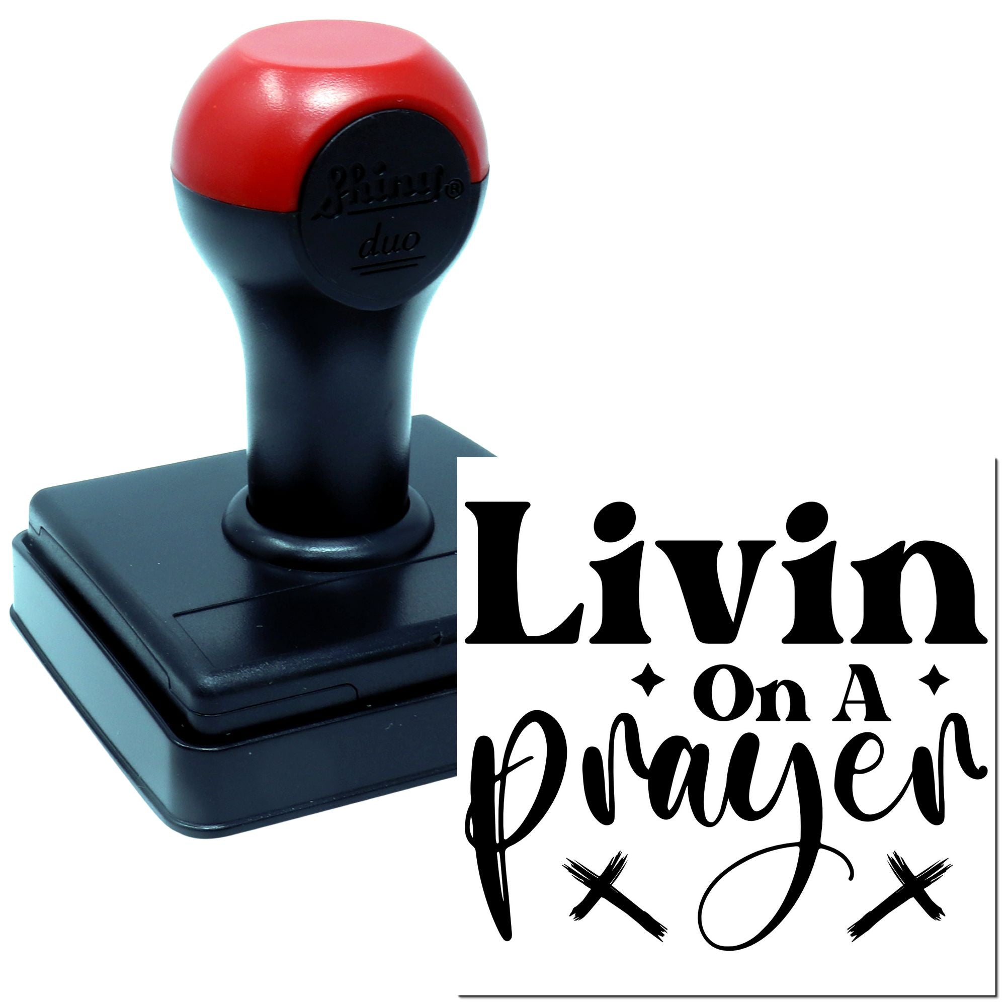 Personalized self-inking rubber stamp with Livin on a Prayer design for crafts and custom imprinting