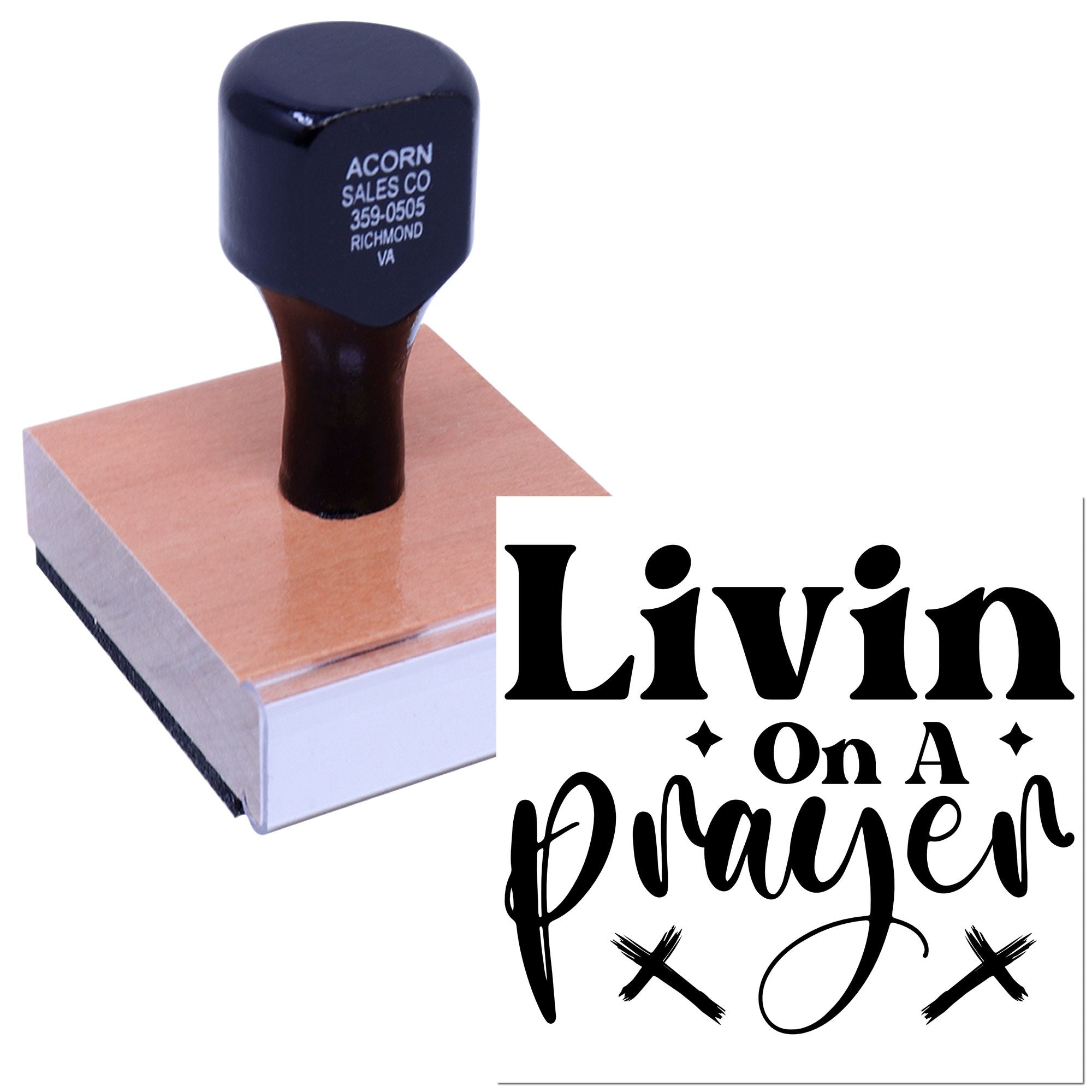 Custom rubber stamp featuring Livin on a Prayer design for wedding favors, invitations, and DIY craft projects.