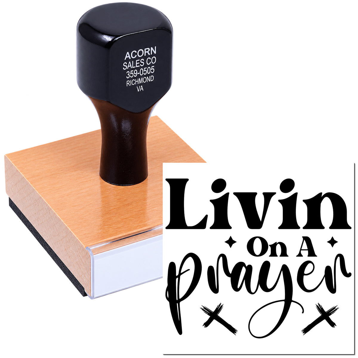 Custom rubber stamp featuring Livin on a Prayer design for wedding favors, invitations, and DIY craft projects.