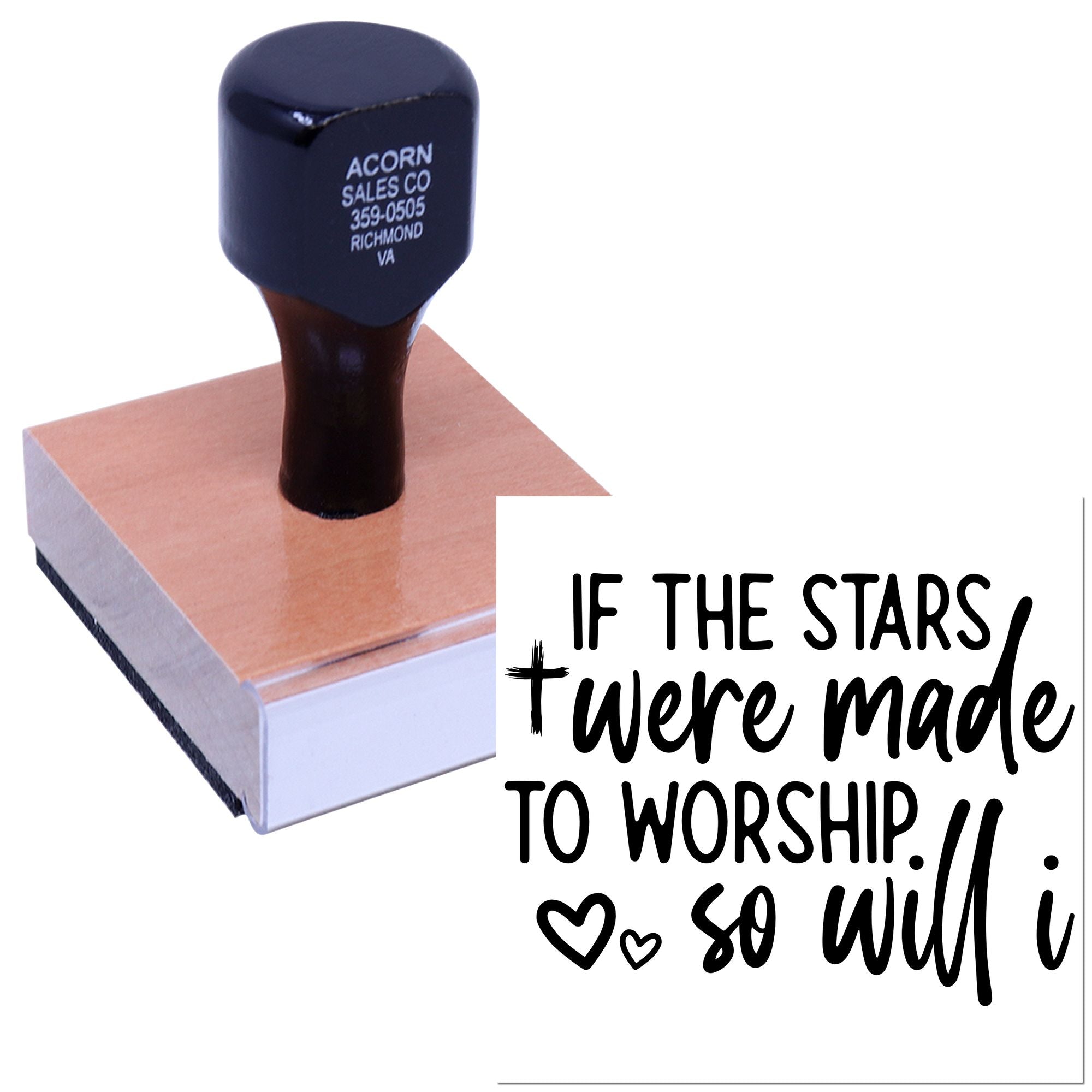 Custom wood-mounted rubber stamp with Christian inspirational quote design for crafting, church materials, and branding.