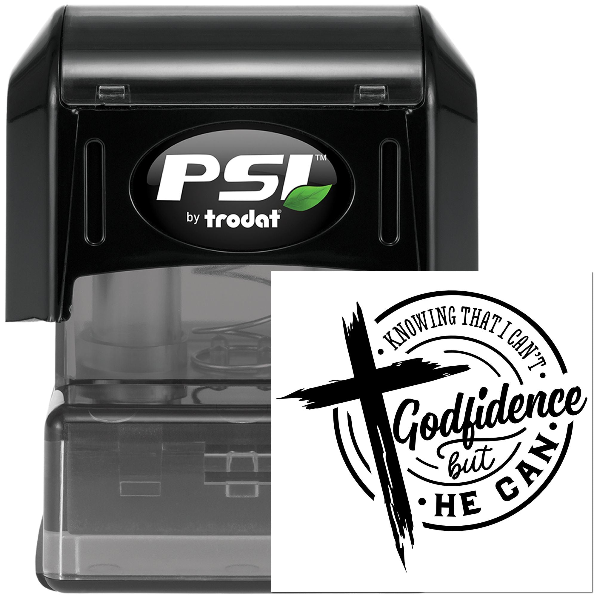 PSI by Trodat self-inking rubber stamp with custom Godfidence faith quote design for inspirational office or church use