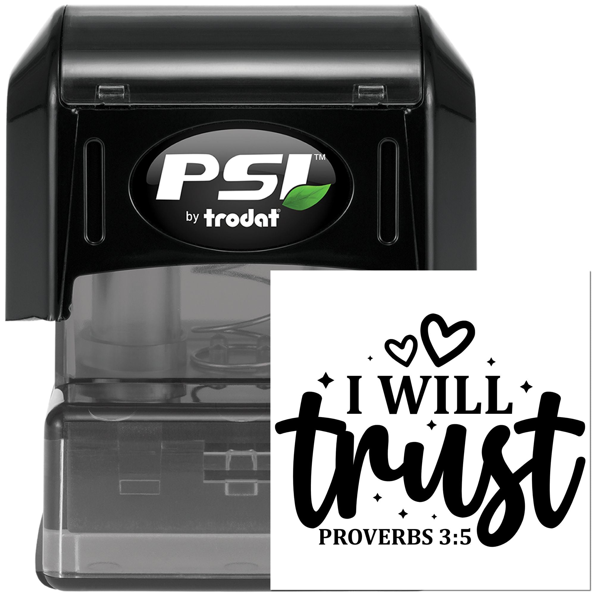 PSI by Trodat self-inking rubber stamp with I Will Trust Proverbs 3:5 Christian verse design.