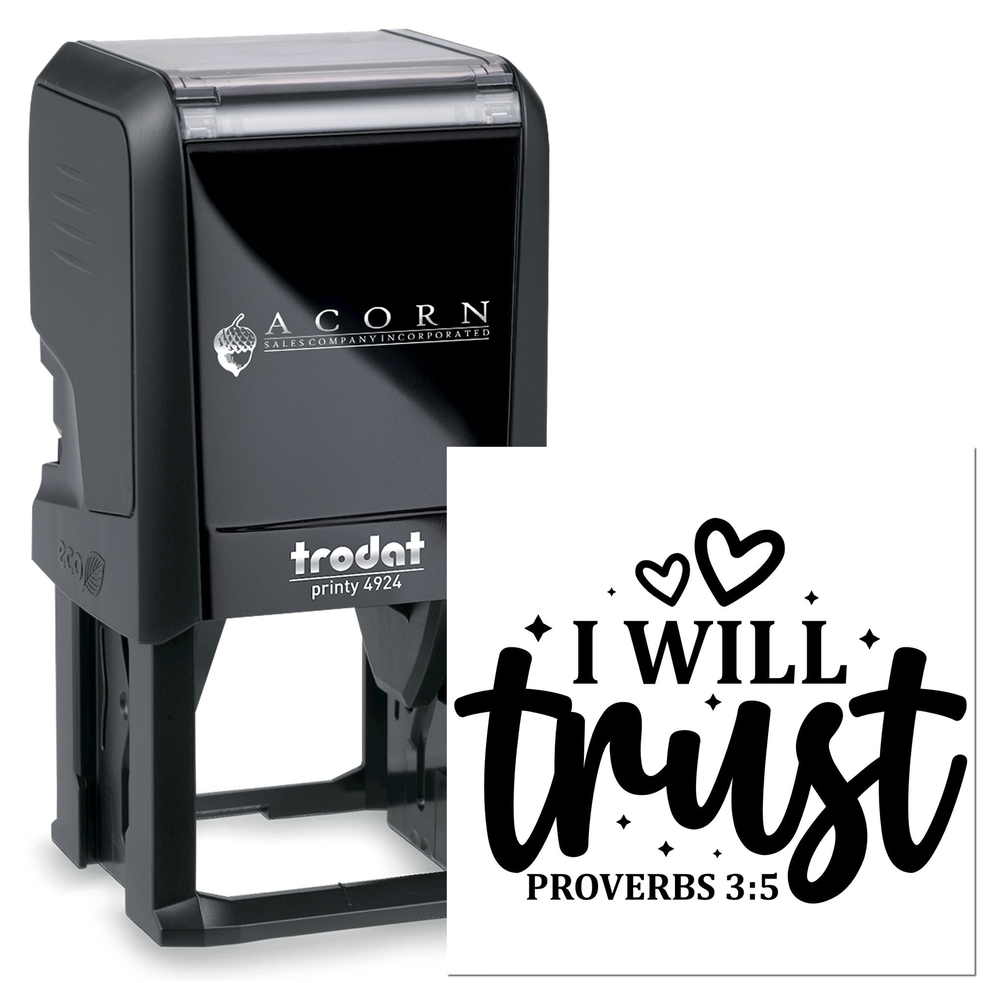 Self-inking Trodat Printy 4924 rubber stamp with I Will Trust Proverbs 3:5 Christian design for custom stamping