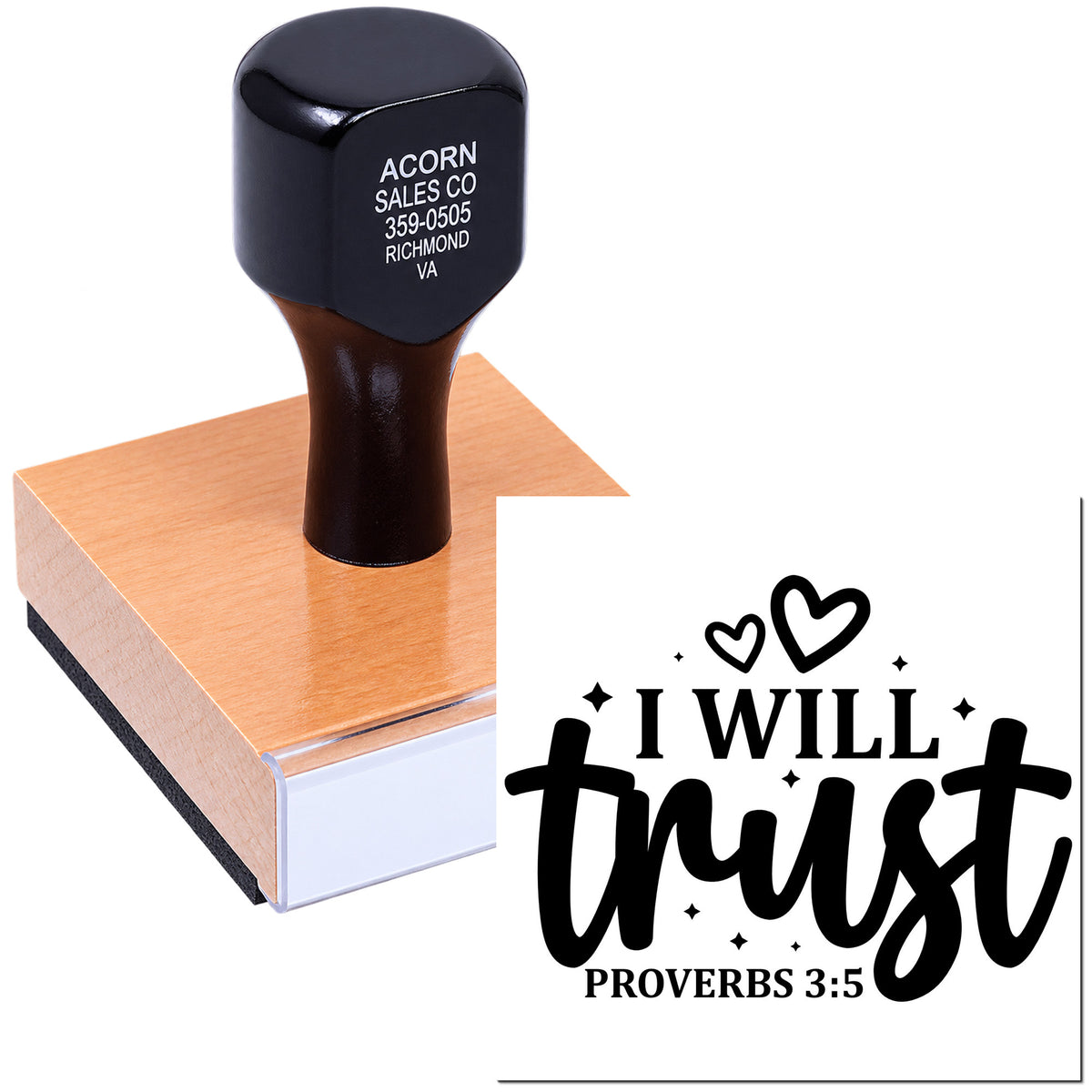 Custom rubber stamp with I Will Trust Proverbs 3:5 faith design and heart accents for inspirational cards and crafts.