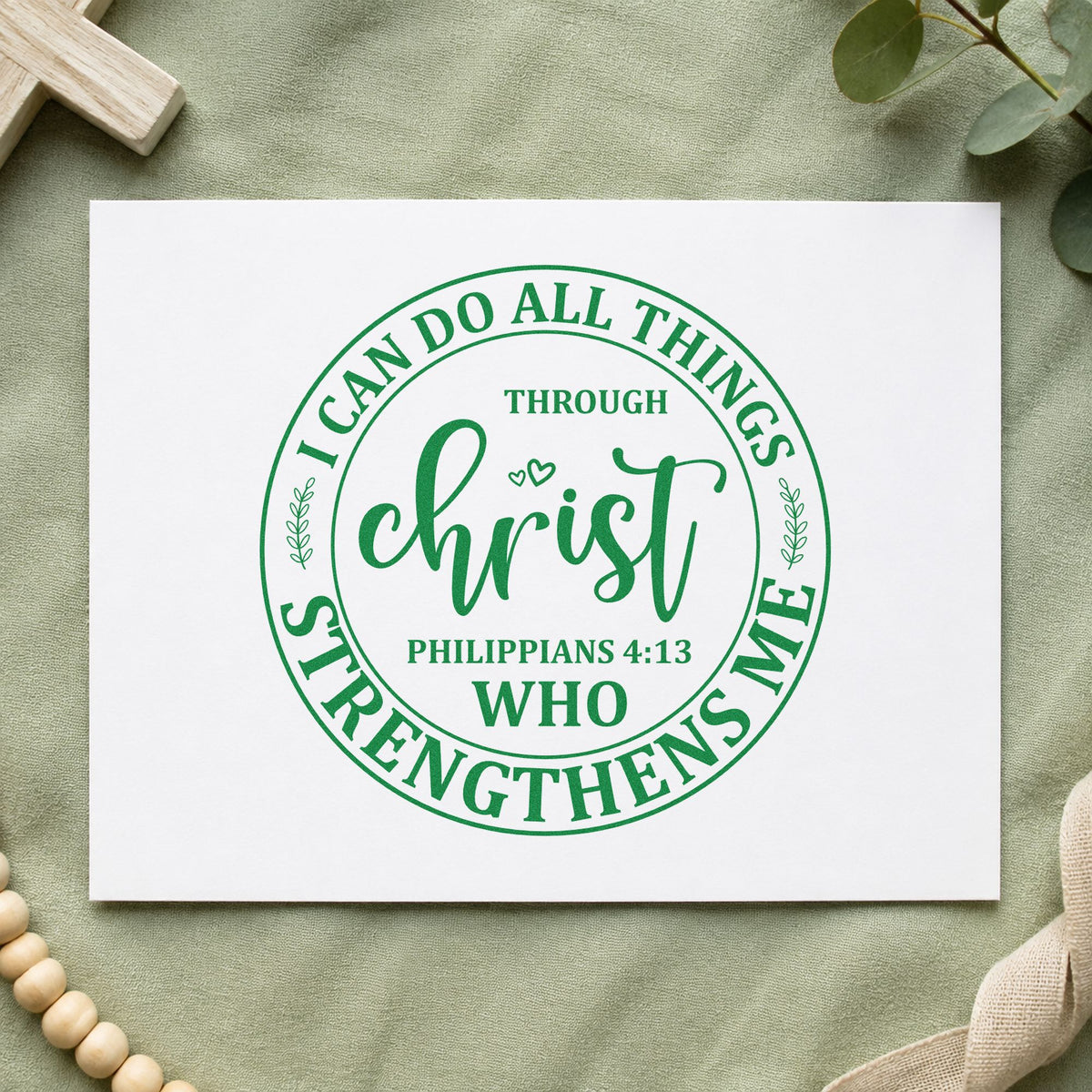 Christ Strengthens Me Circle craft stamp imprint in green ink on a handmade project, one idea being round label seals.