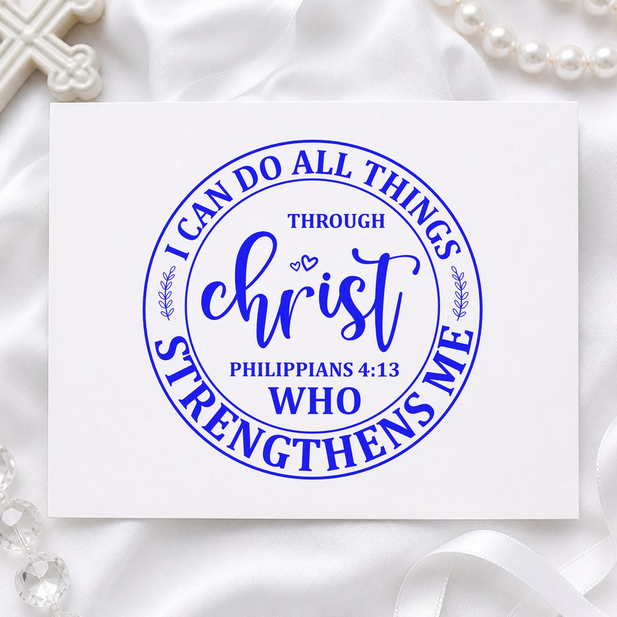 Christ Strengthens Me Circle craft stamp in blue ink on cardstock, an easy option for coasters.