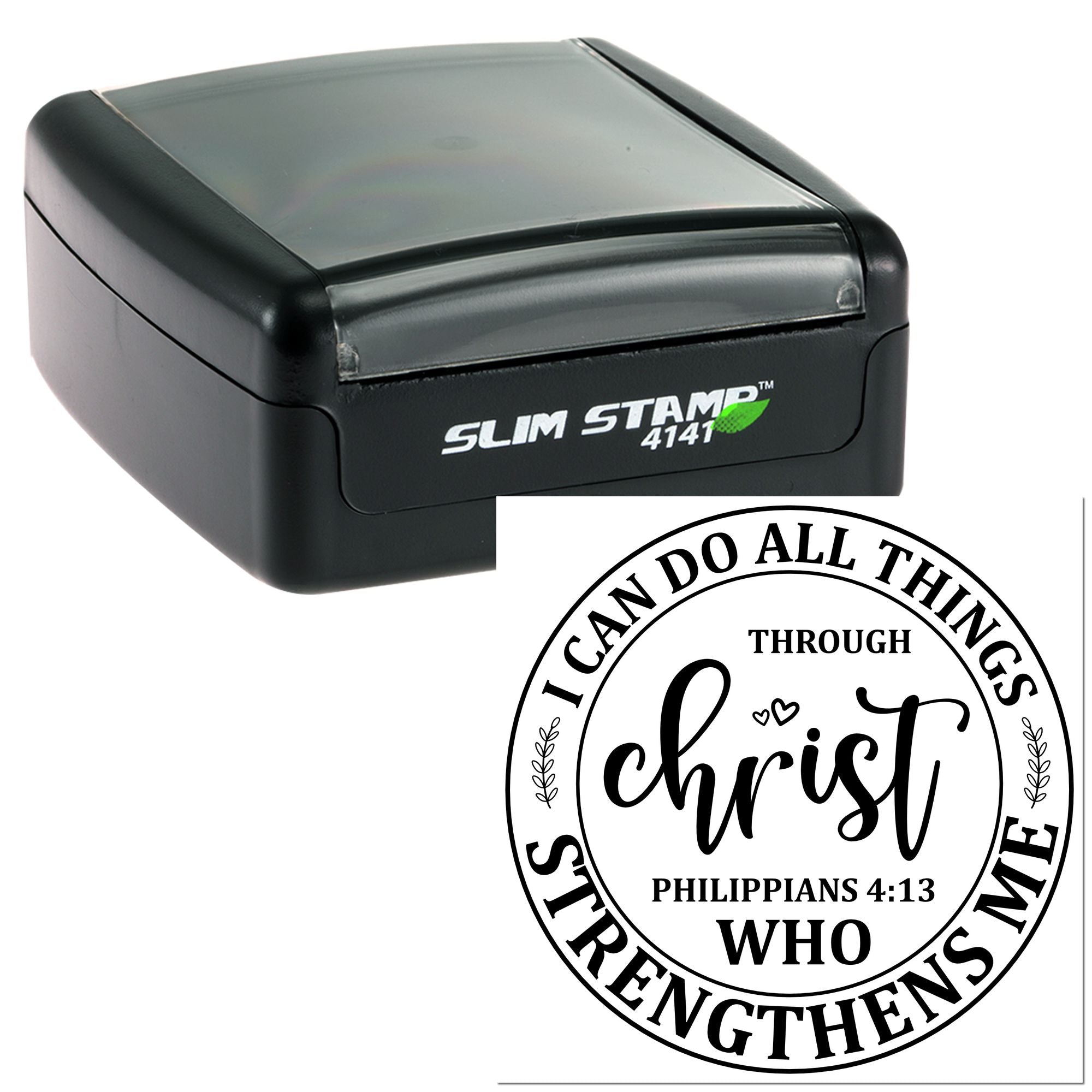 Self-inking rubber stamp with Christian Philippians 4:13 message: I can do all things through Christ who strengthens me.