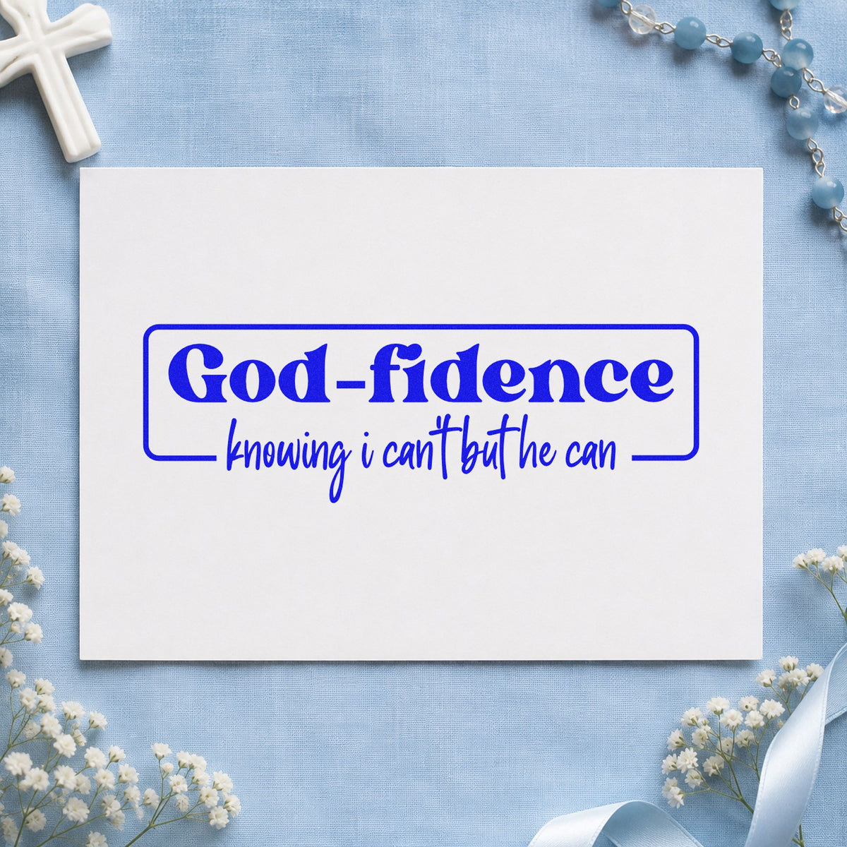 Godfidence Knowing Badge craft stamp imprinted in blue ink on paper, a design suited to speech day notes.