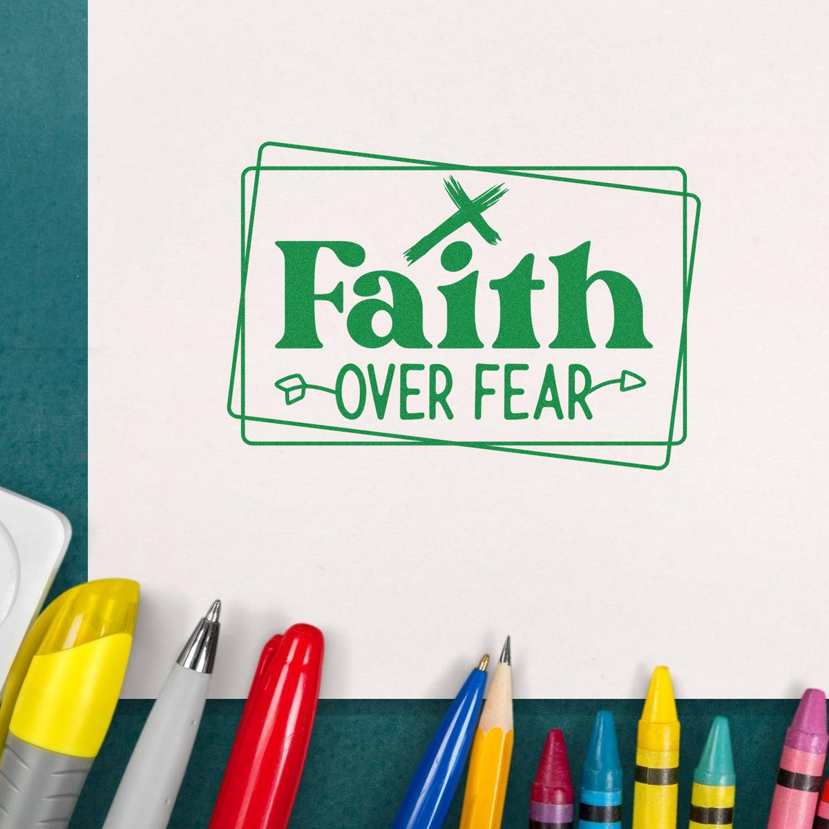 Faith Over Fear rubber stamp design with cross, ideal for Christian crafts, Bible journaling, and inspirational stamping.